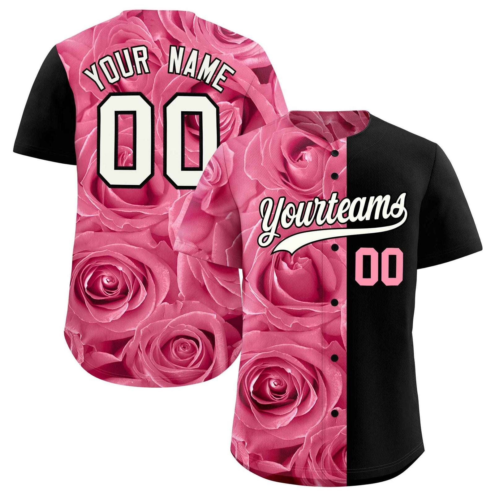 Custom Light Pink Black Split Rose Print Authentic Baseball Jersey