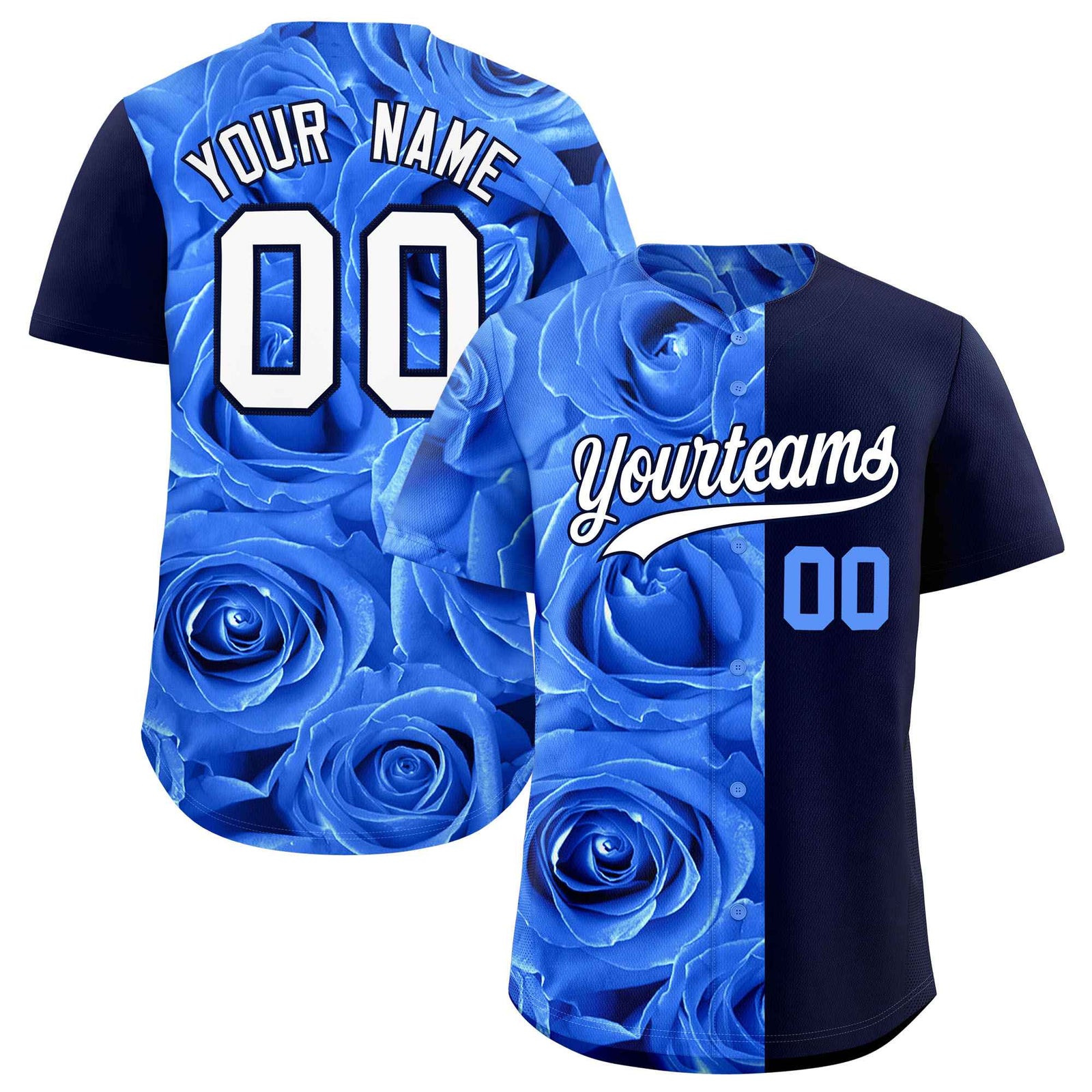 Custom Powder Blue Navy Split Rose Print Authentic Baseball Jersey