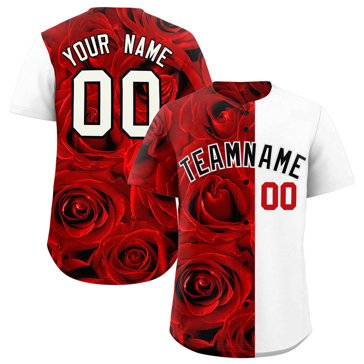 Custom Red White Split Rose Print Authentic Baseball Jersey