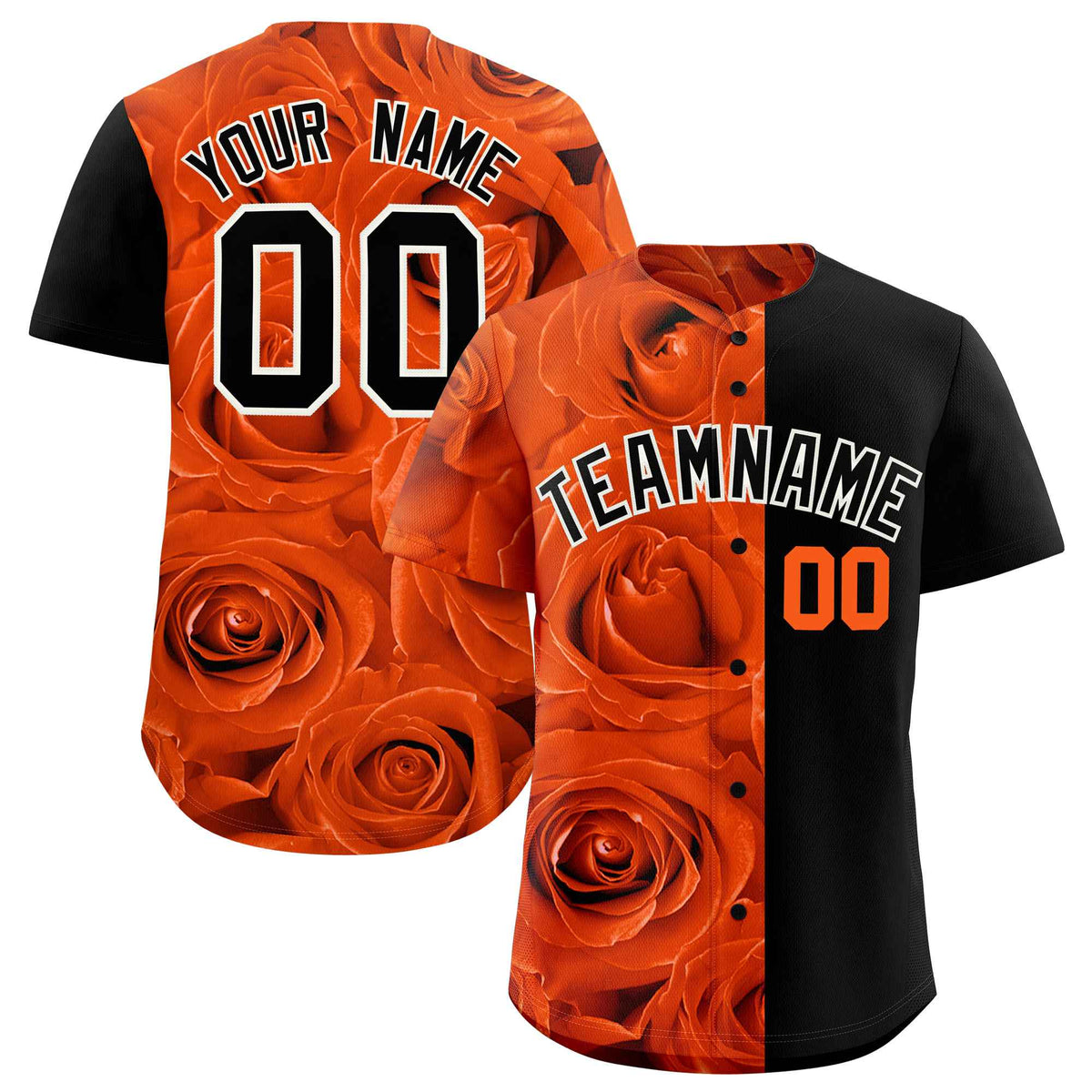 Custom Orange Black Split Rose Print Authentic Baseball Jersey