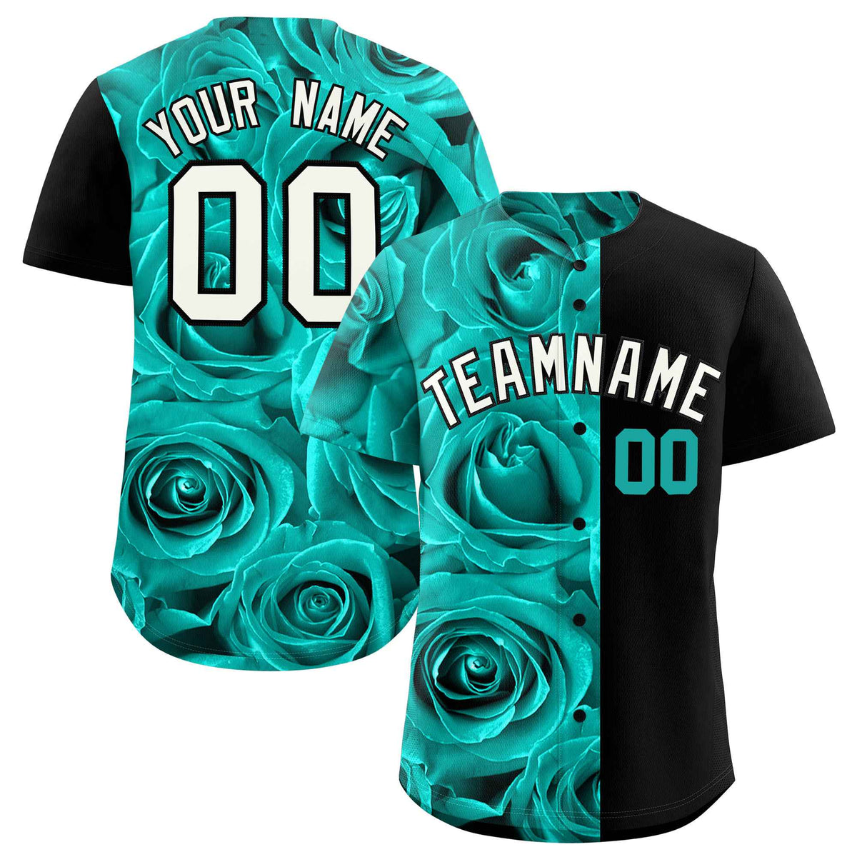 Custom Bright Green Black Split Rose Print Authentic Baseball Jersey