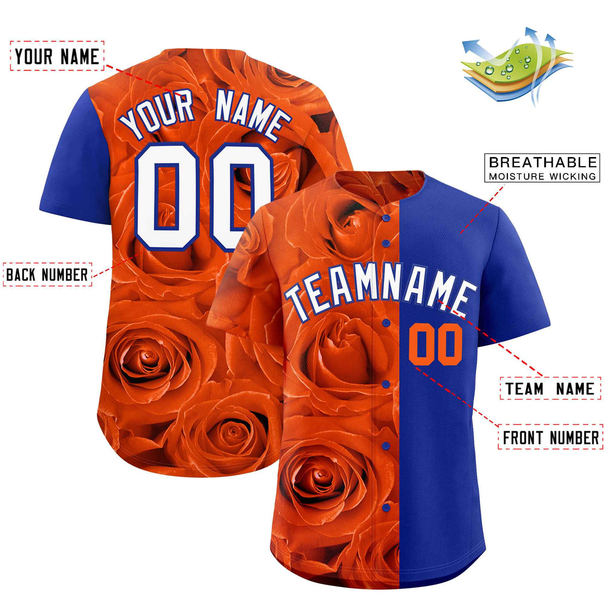 Custom Orange Royal Split Rose Print Authentic Baseball Jersey