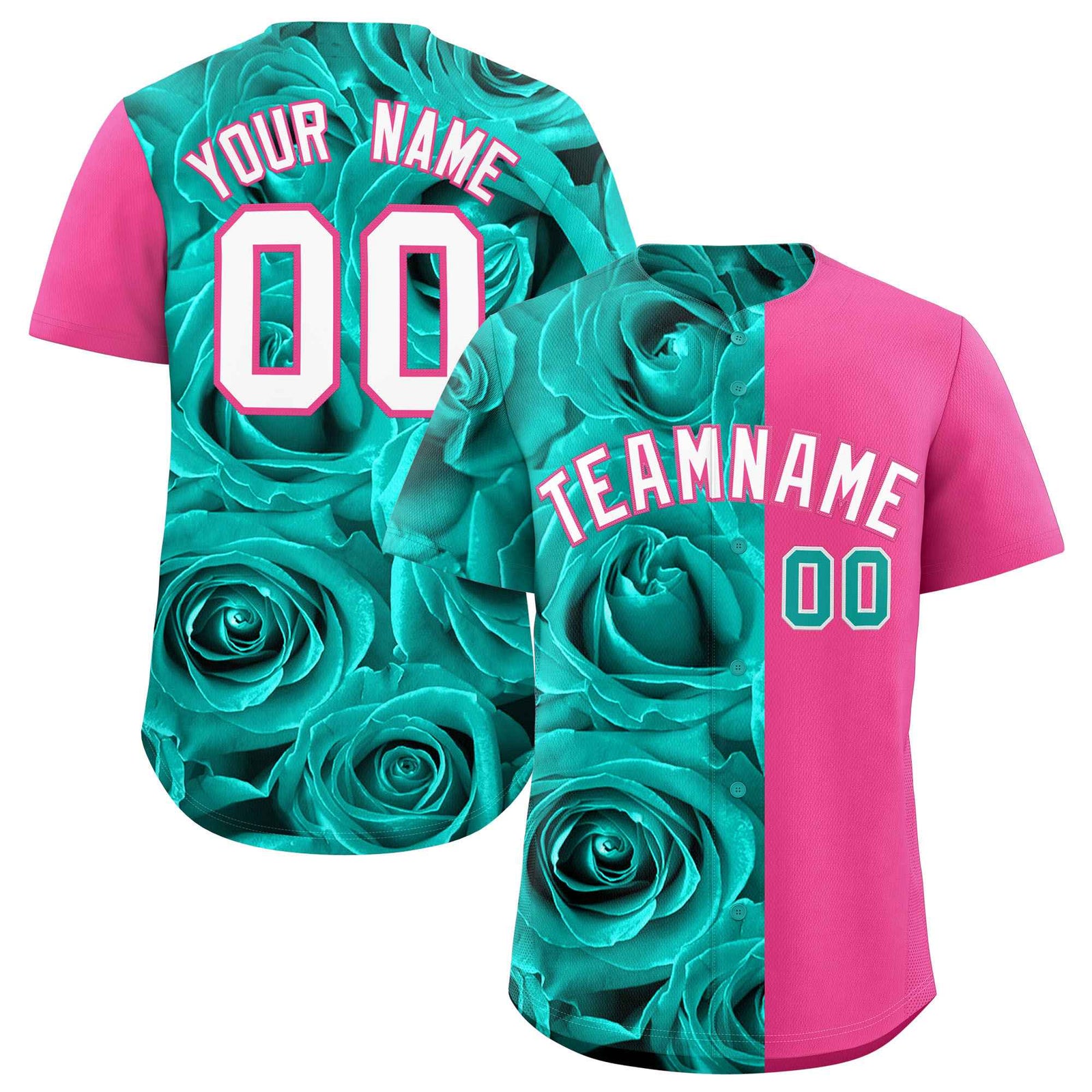 Custom Aqua Pink Split Rose Print Authentic Baseball Jersey