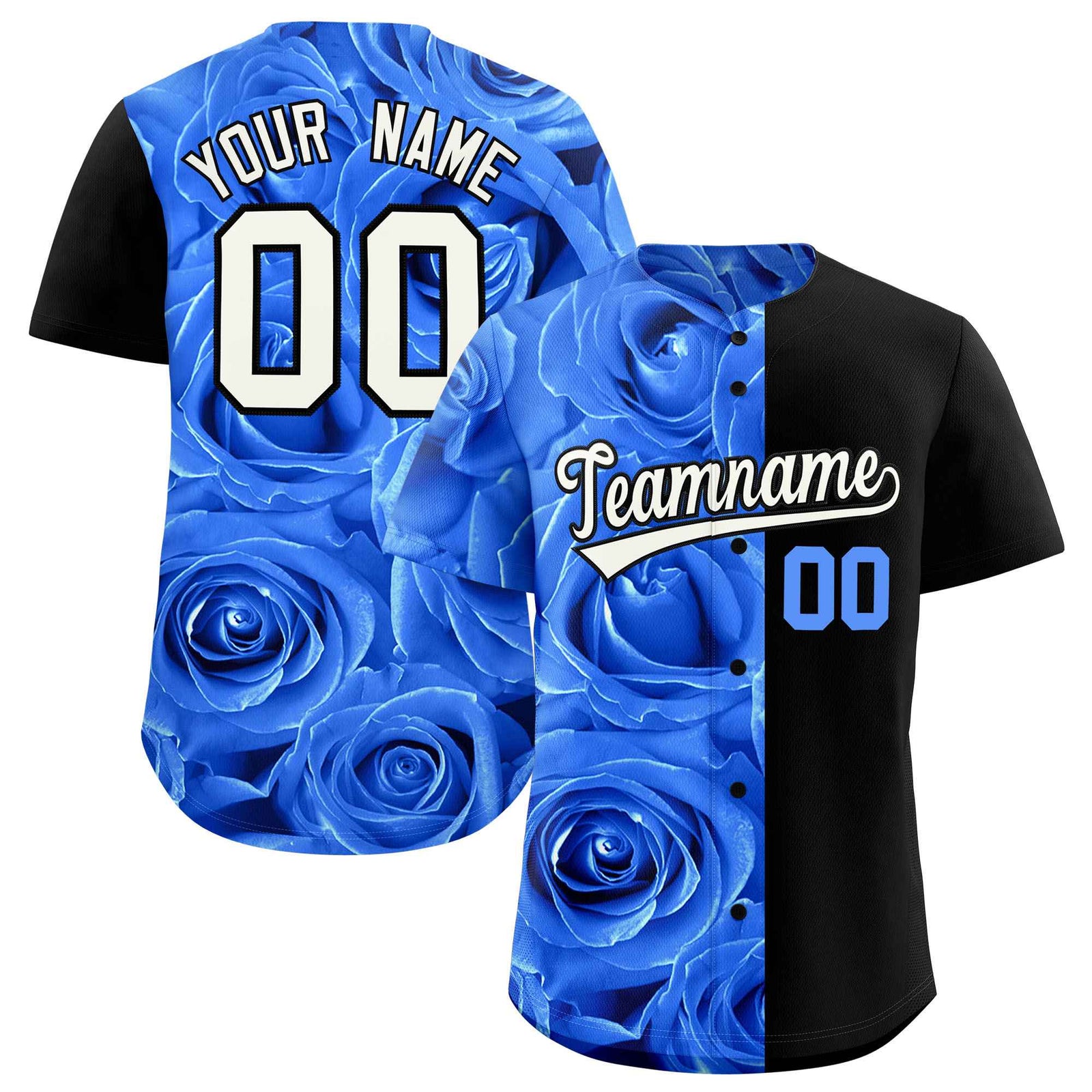 Custom Powder Blue Black Split Rose Print Authentic Baseball Jersey