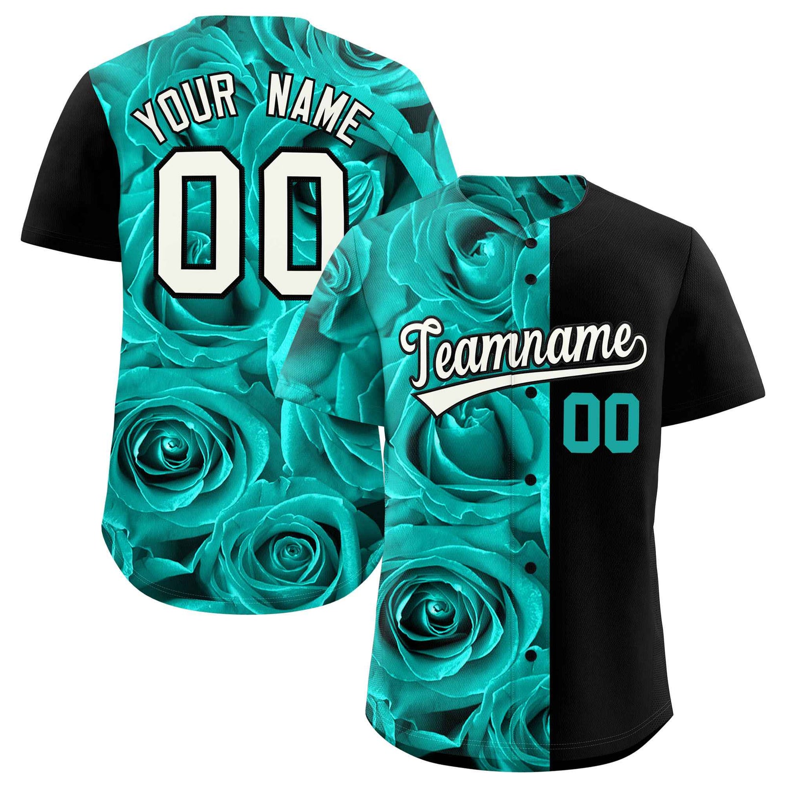 Custom Bright Green Black Split Rose Print Authentic Baseball Jersey
