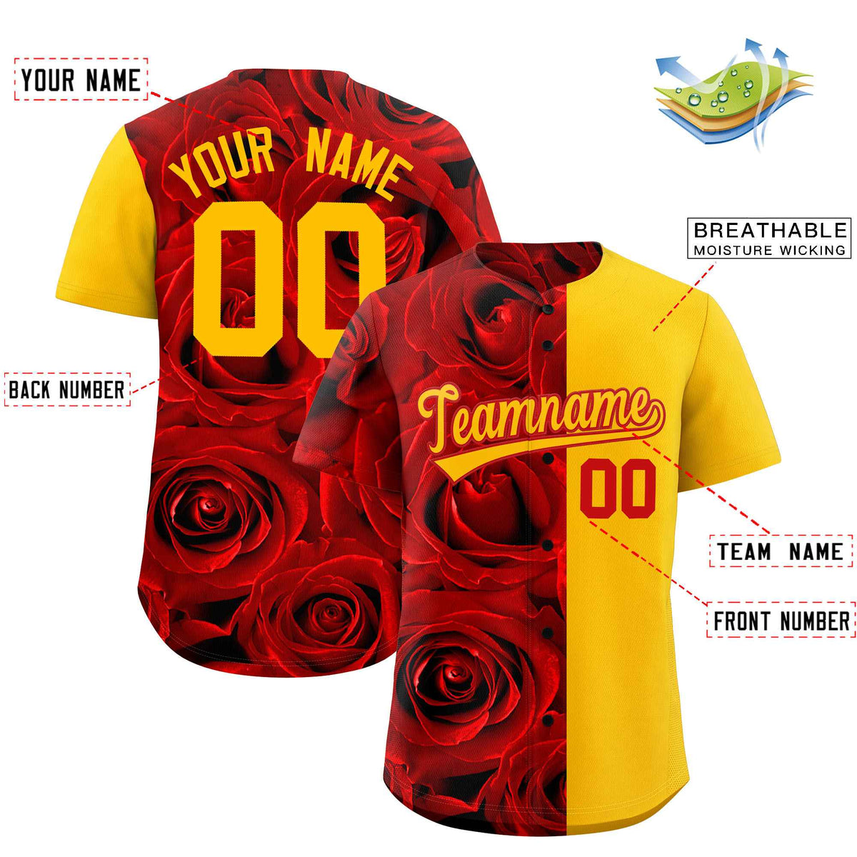 Custom Red Yellow Split Rose Print Authentic Baseball Jersey