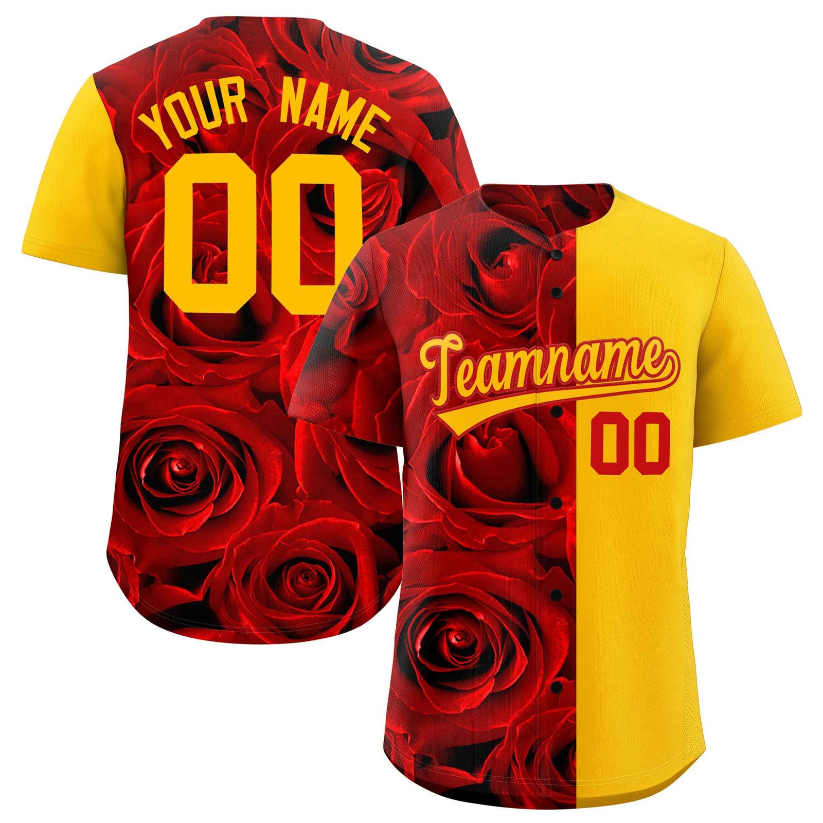 Custom Red Yellow Split Rose Print Authentic Baseball Jersey