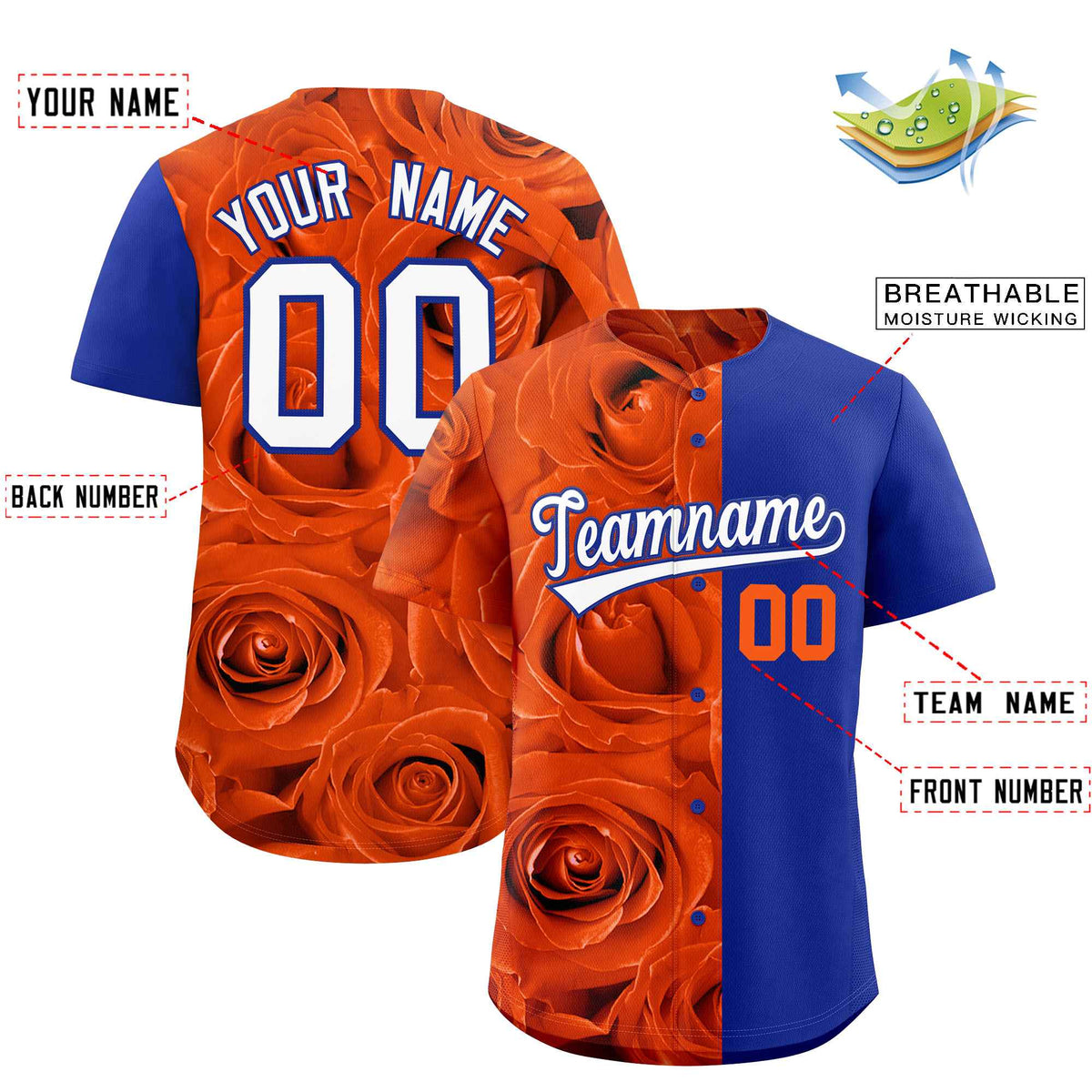 Custom Orange Royal Split Rose Print Authentic Baseball Jersey