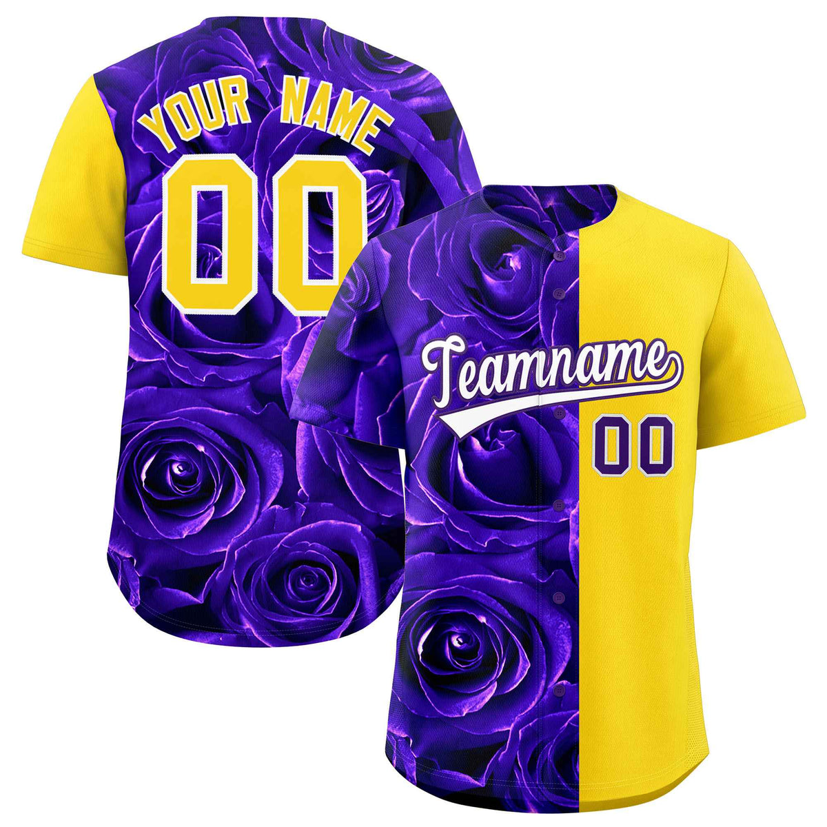 Custom Purple Gold Split Rose Print Authentic Baseball Jersey