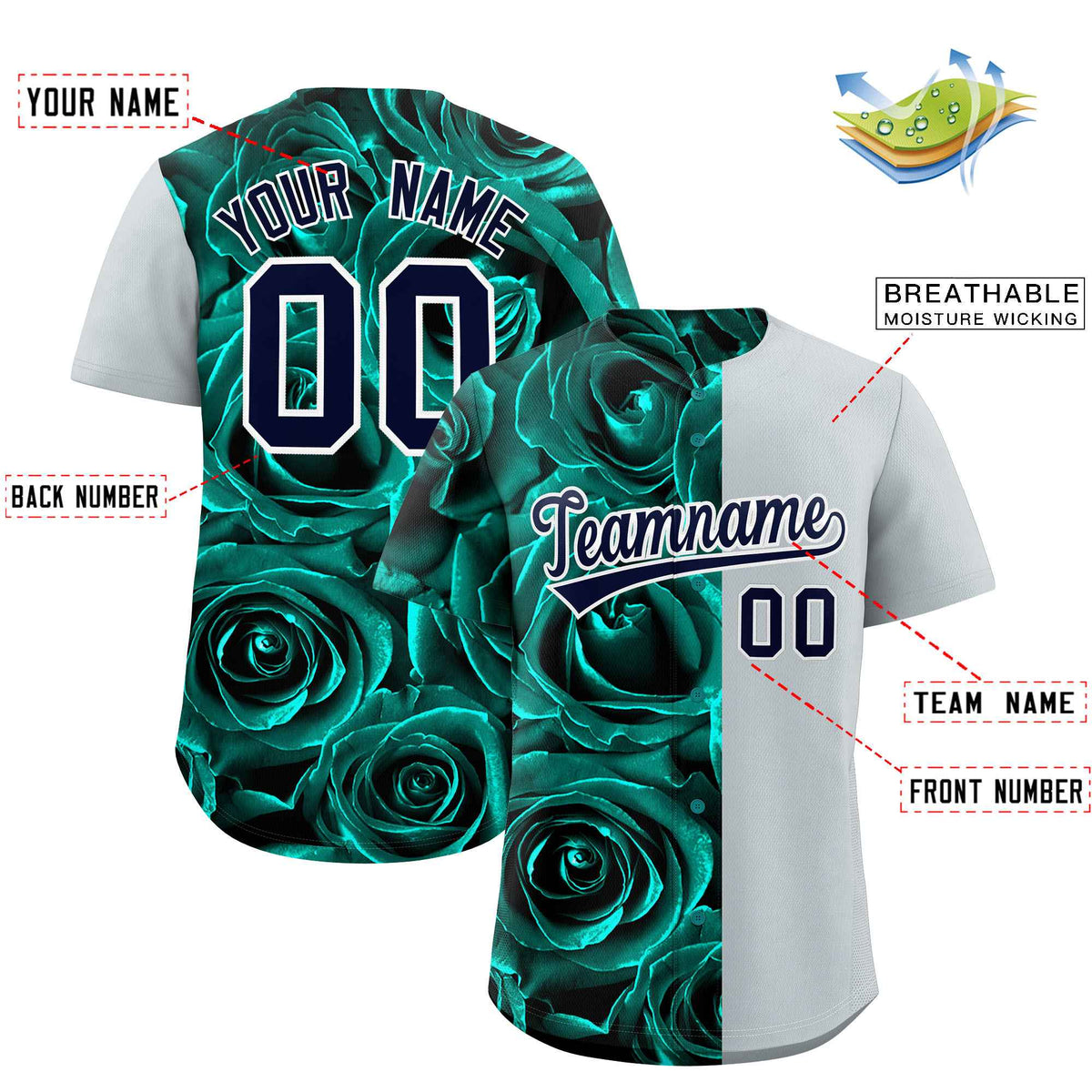 Custom Aqua Silver Split Rose Print Authentic Baseball Jersey