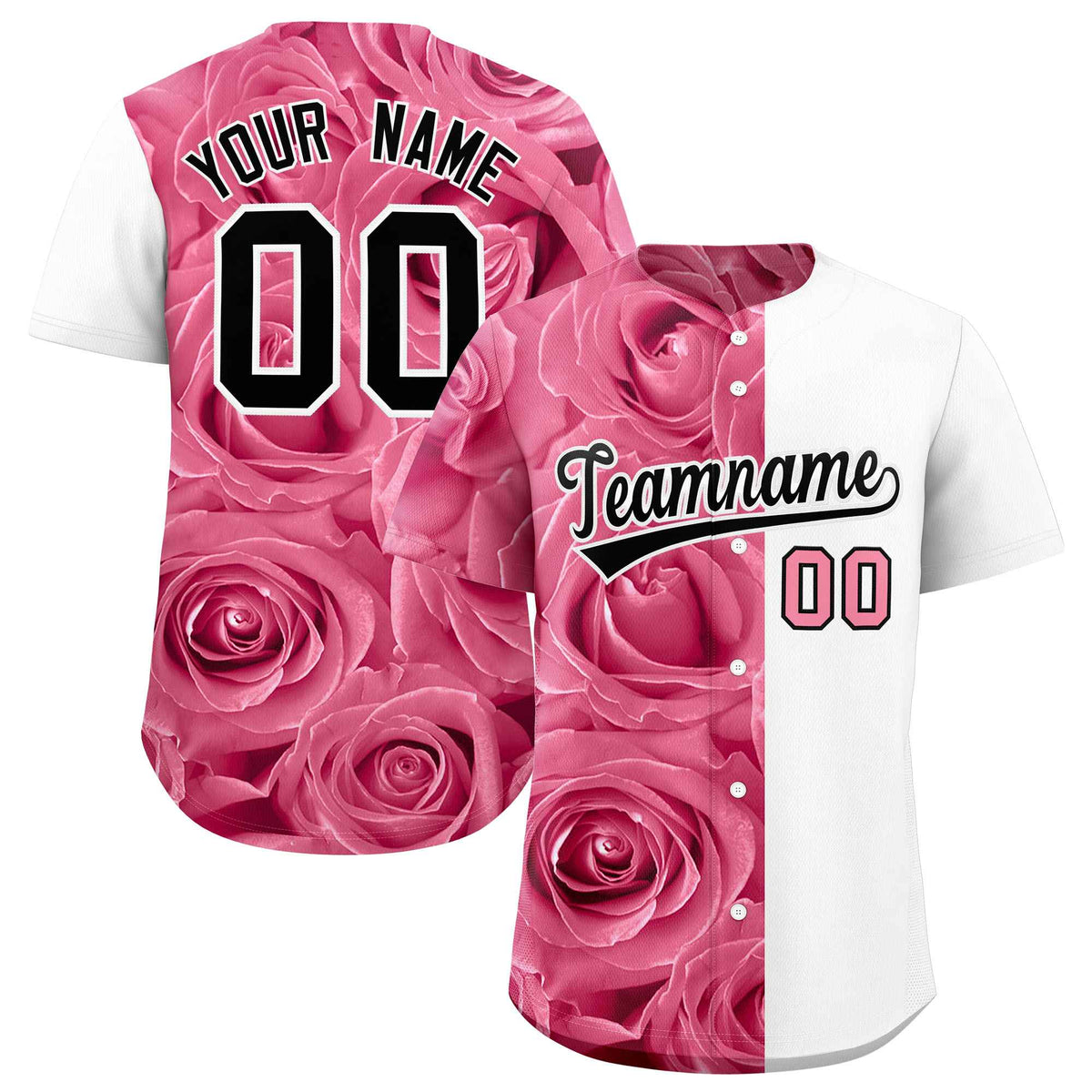 Custom Light Pink White Split Rose Print Authentic Baseball Jersey