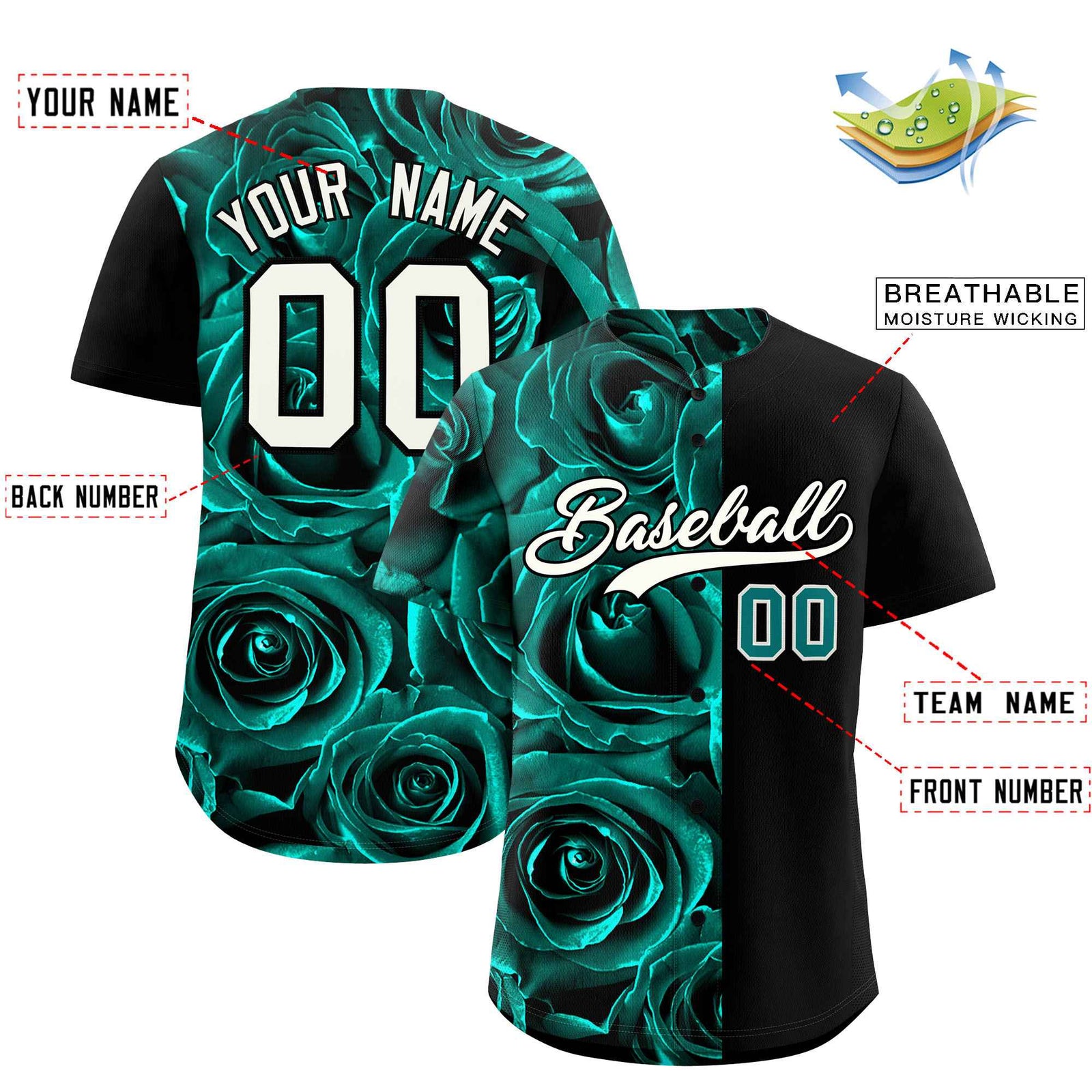 Custom Aqua Black Split Rose Print Authentic Baseball Jersey