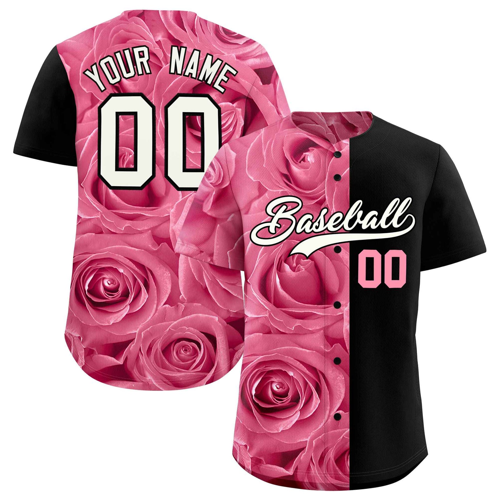 Custom Light Pink Black Split Rose Print Authentic Baseball Jersey