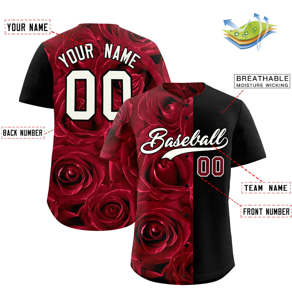 Custom Crimson Black Split Rose Print Authentic Baseball Jersey