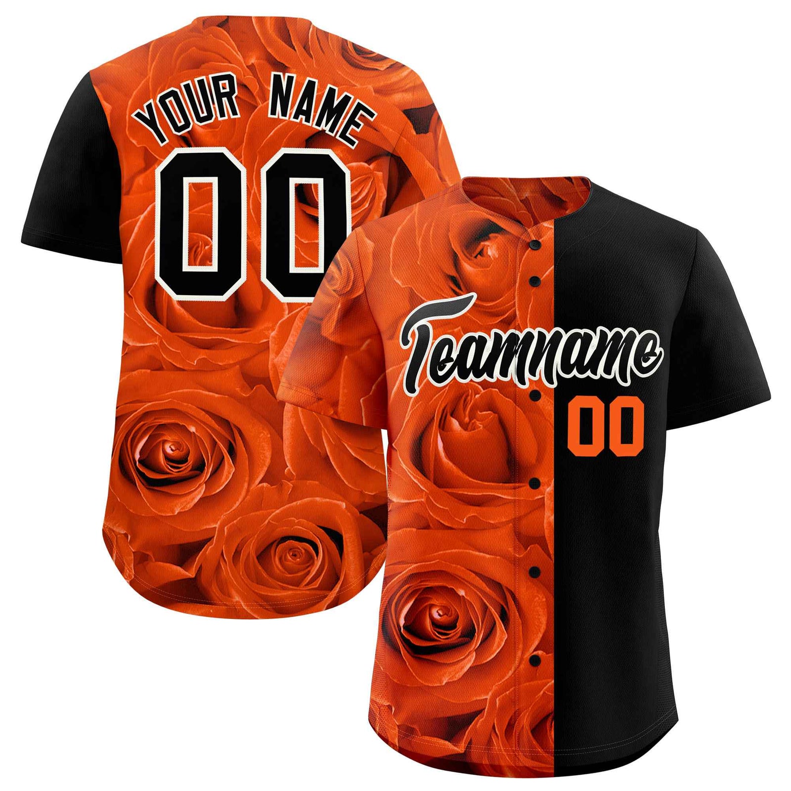 Custom Orange Black Split Rose Print Authentic Baseball Jersey