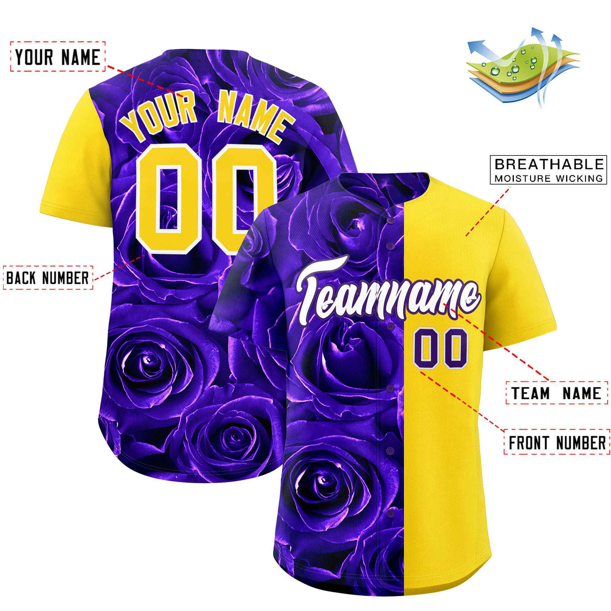 Custom Purple Gold Split Rose Print Authentic Baseball Jersey