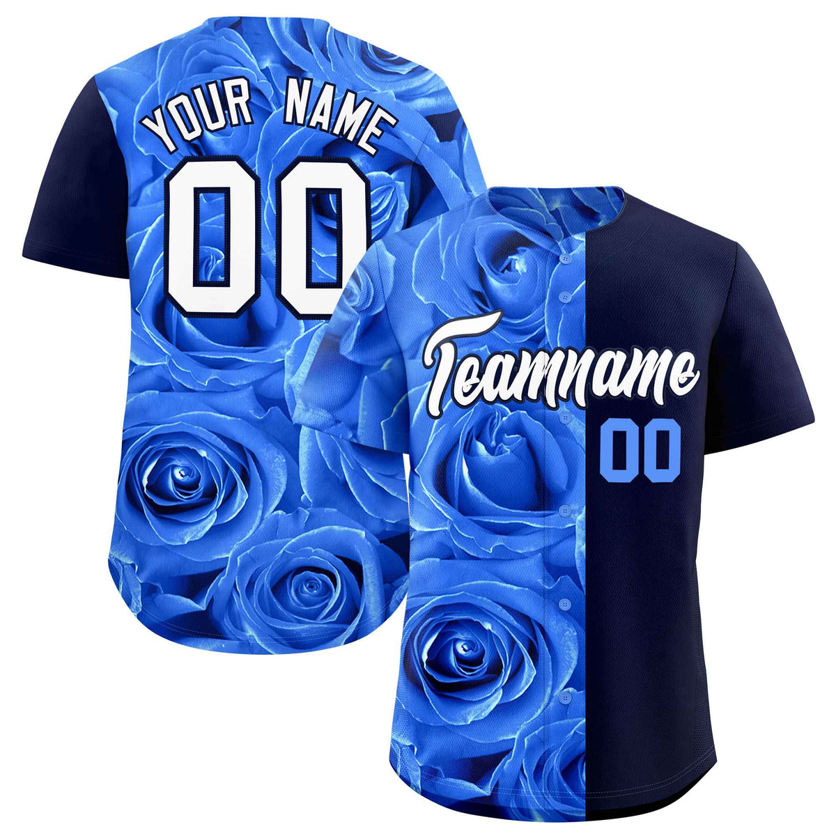 Custom Powder Blue Navy Split Rose Print Authentic Baseball Jersey