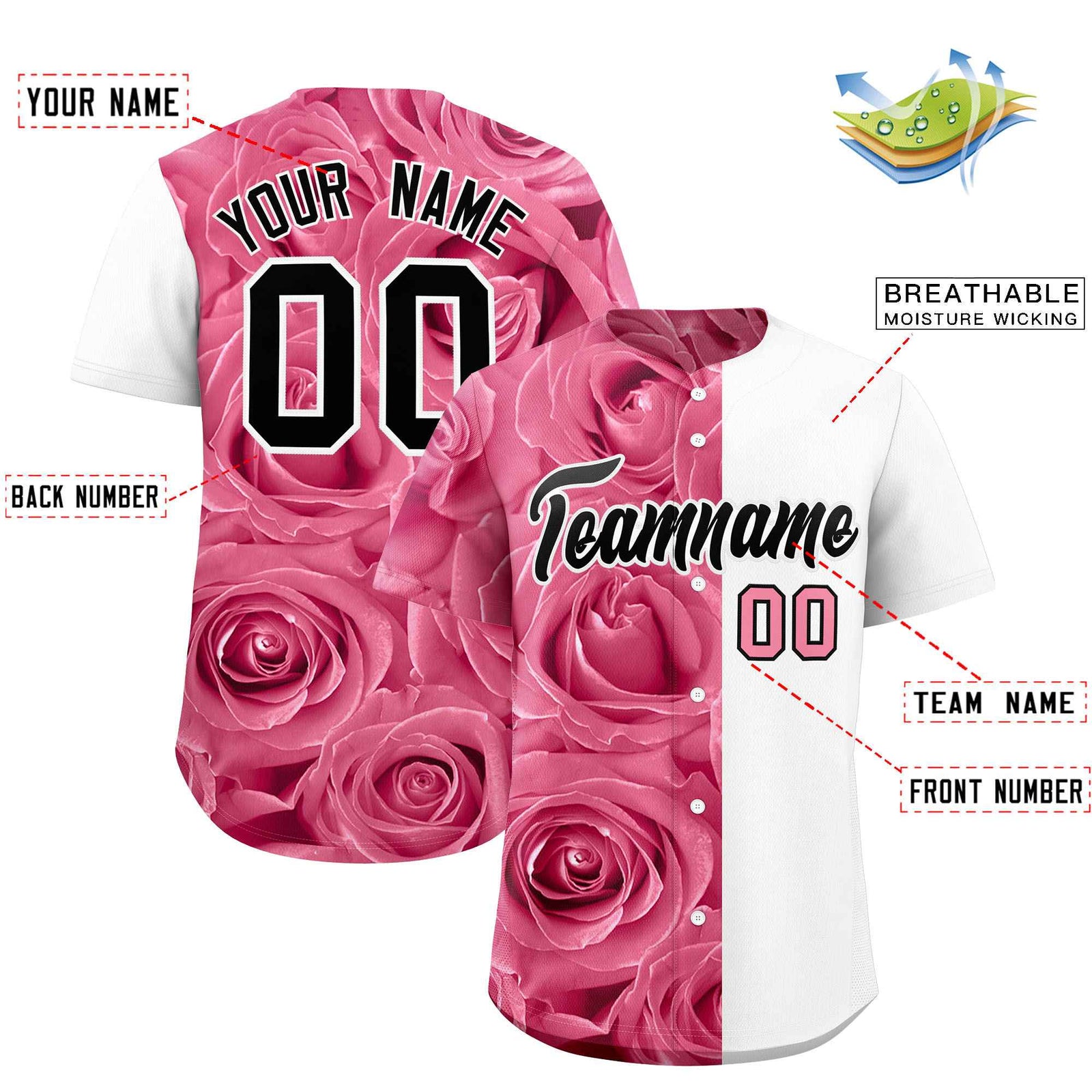 Custom Light Pink White Split Rose Print Authentic Baseball Jersey