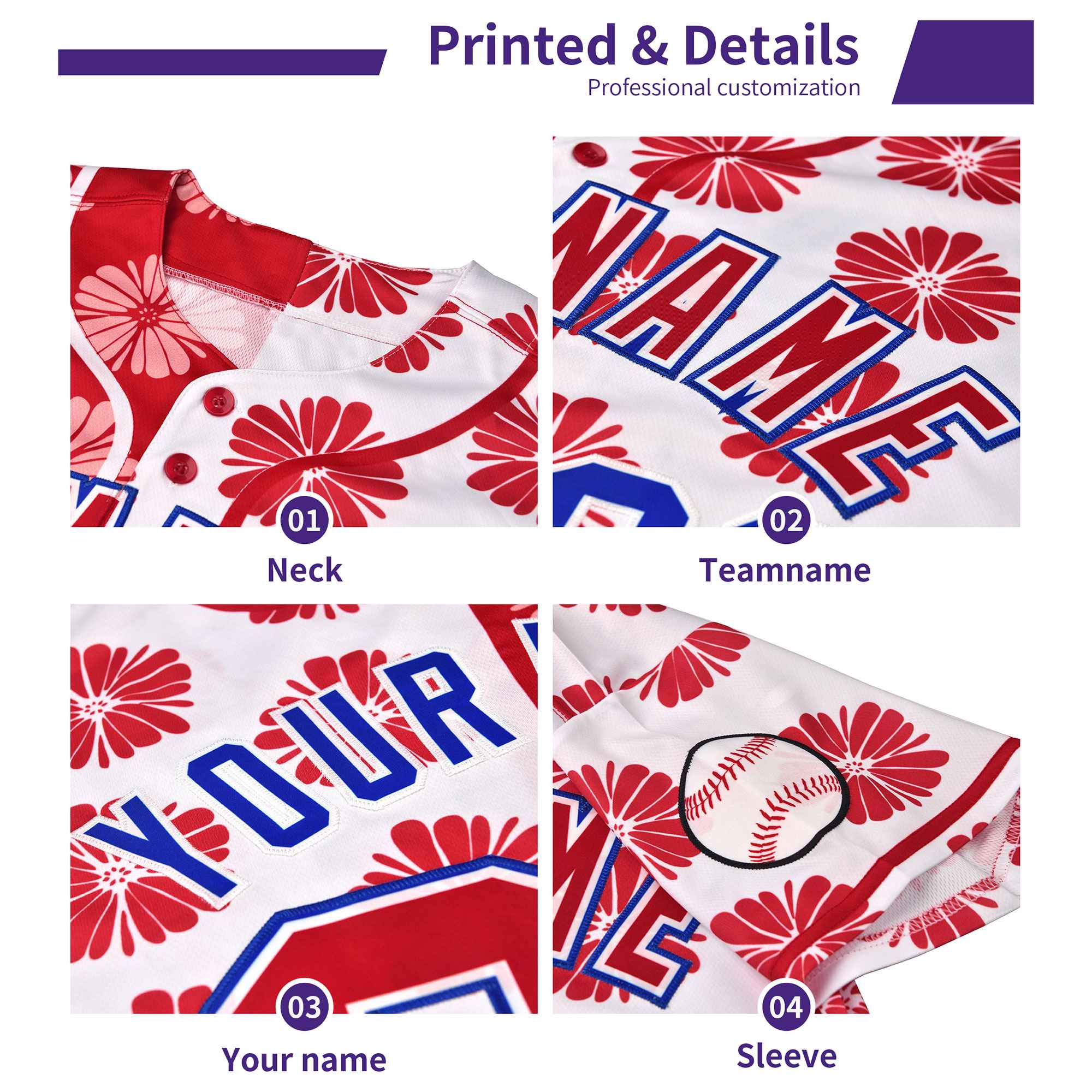 Custom Red White Split Rose Print Authentic Baseball Jersey