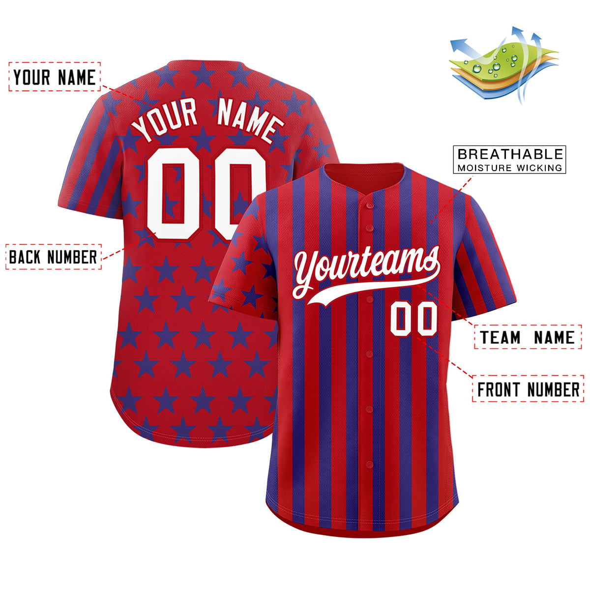 Custom Red Royal Blue American Flag Graffiti Pattern Baseball Jersey| KXKSHOP