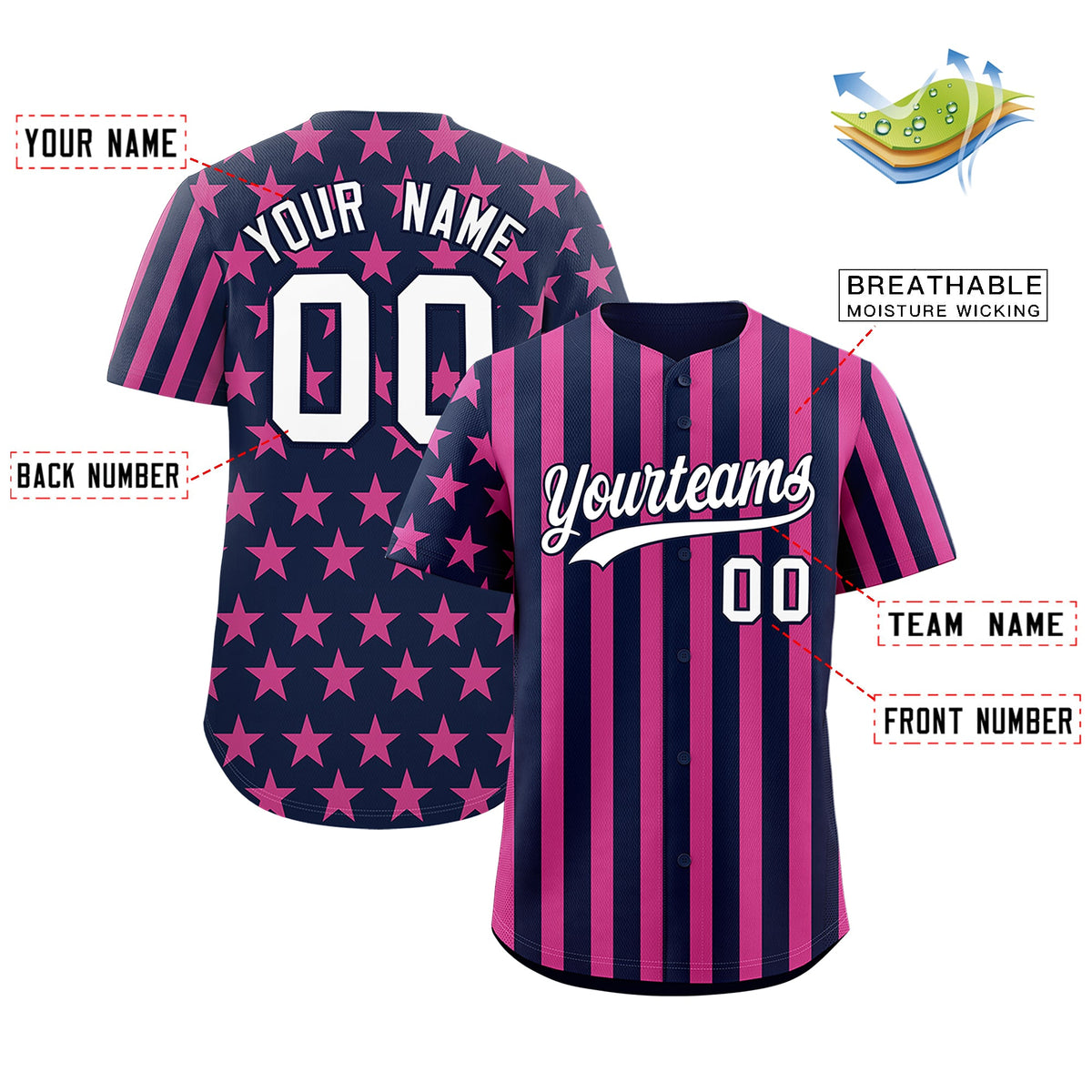 Custom Navy Pink American Flag Graffiti Pattern Baseball Jersey| KXKSHOP