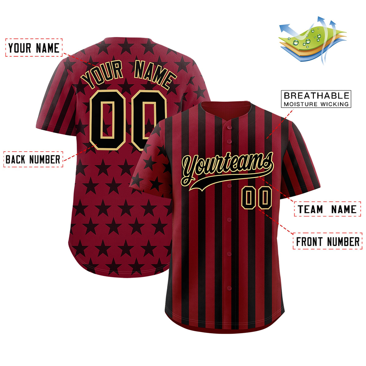 Custom Crimson Black American Flag Graffiti Pattern Baseball Jersey| KXKSHOP