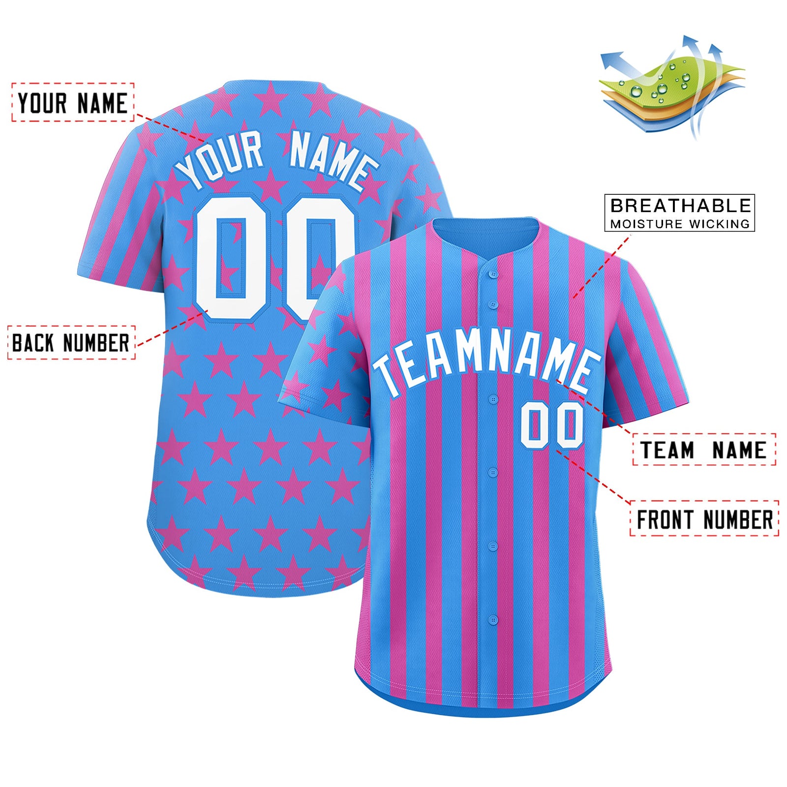 Custom Powder Blue Pink American Flag Graffiti Pattern Baseball Jersey| KXKSHOP