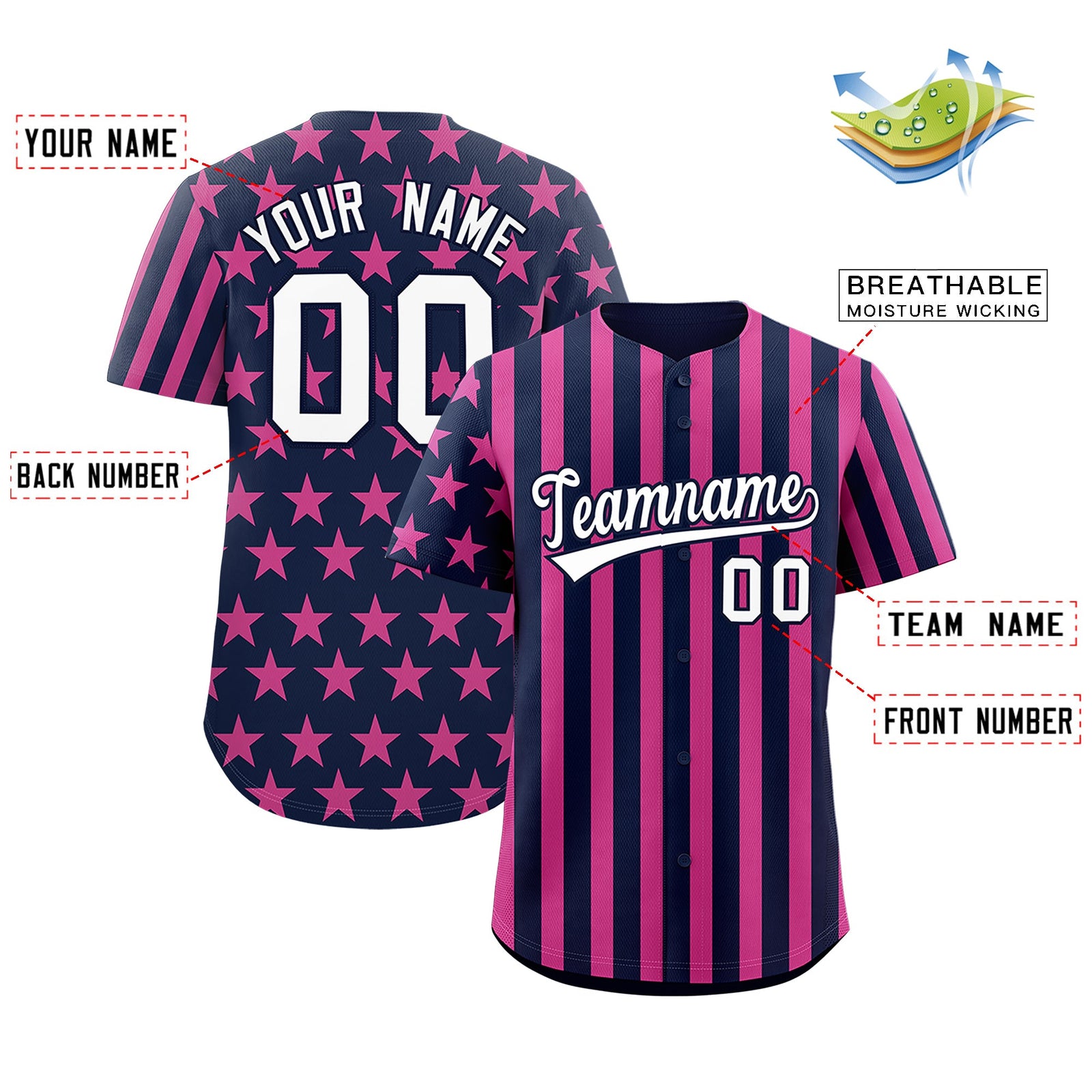 Custom Navy Pink American Flag Graffiti Pattern Baseball Jersey| KXKSHOP