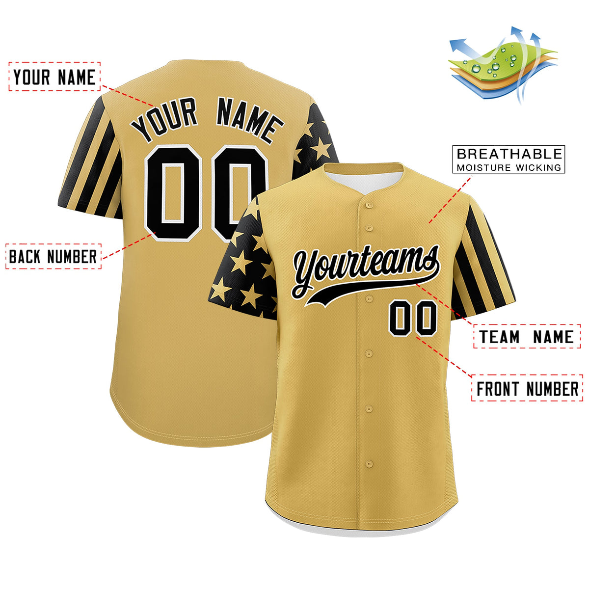 Custom Old Gold Black American Flag Raglan Sleeves Baseball Jersey| KXKSHOP