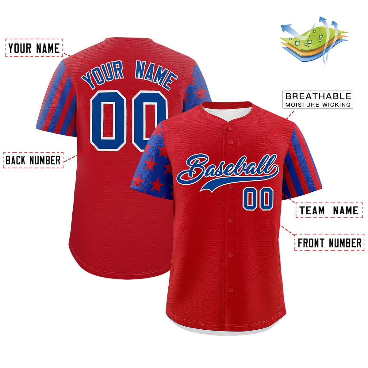 Custom Red Royal Blue American Flag Raglan Sleeves Baseball Jersey| KXKSHOP