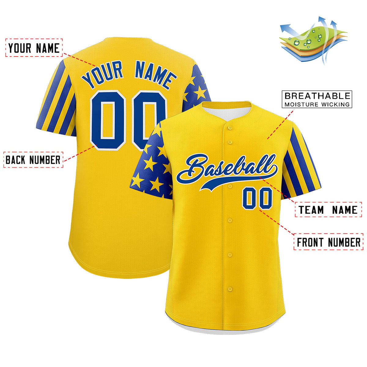 Custom Gold Royal Blue American Flag Raglan Sleeves Baseball Jersey| KXKSHOP
