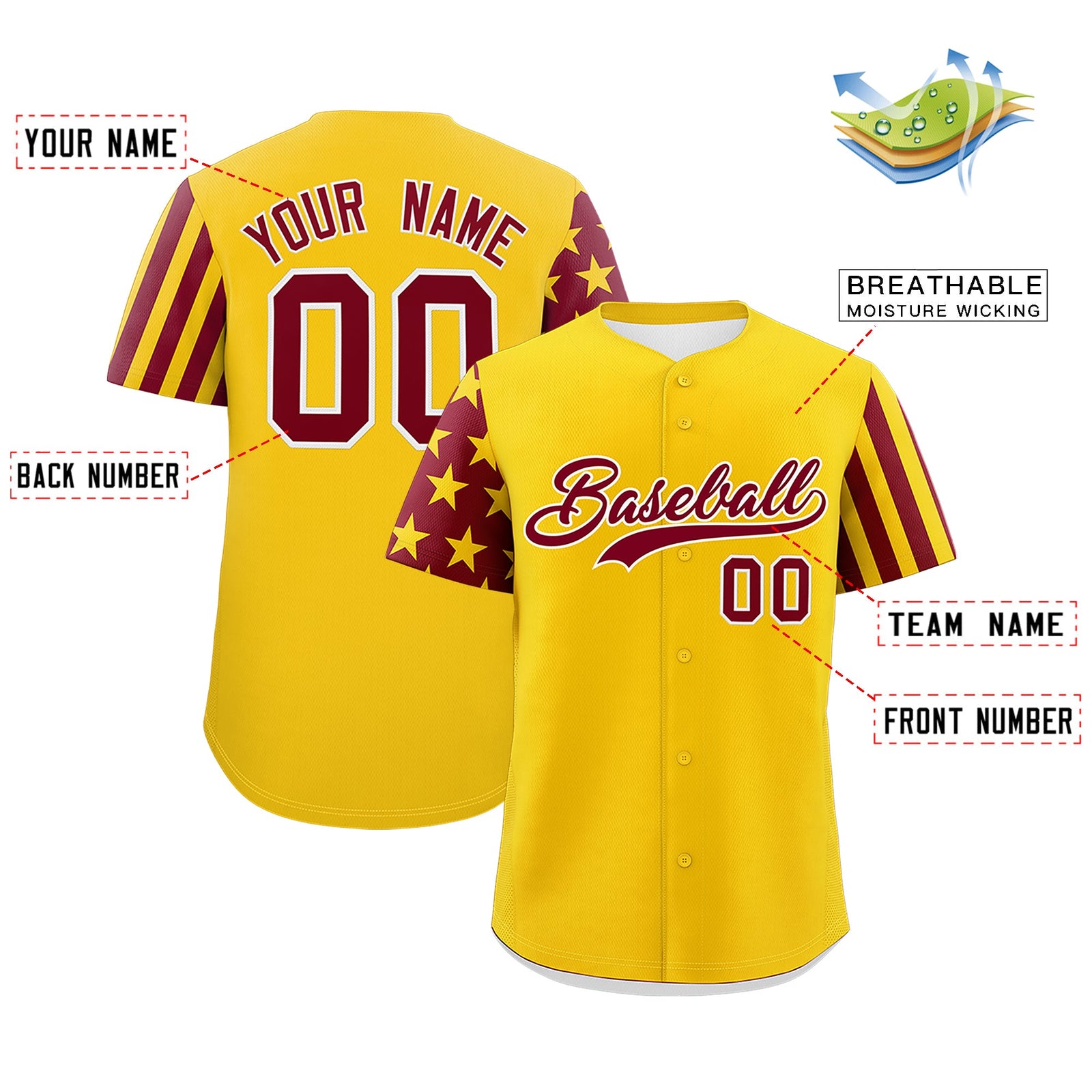 Custom Gold Crimson American Flag Raglan Sleeves Baseball Jersey| KXKSHOP
