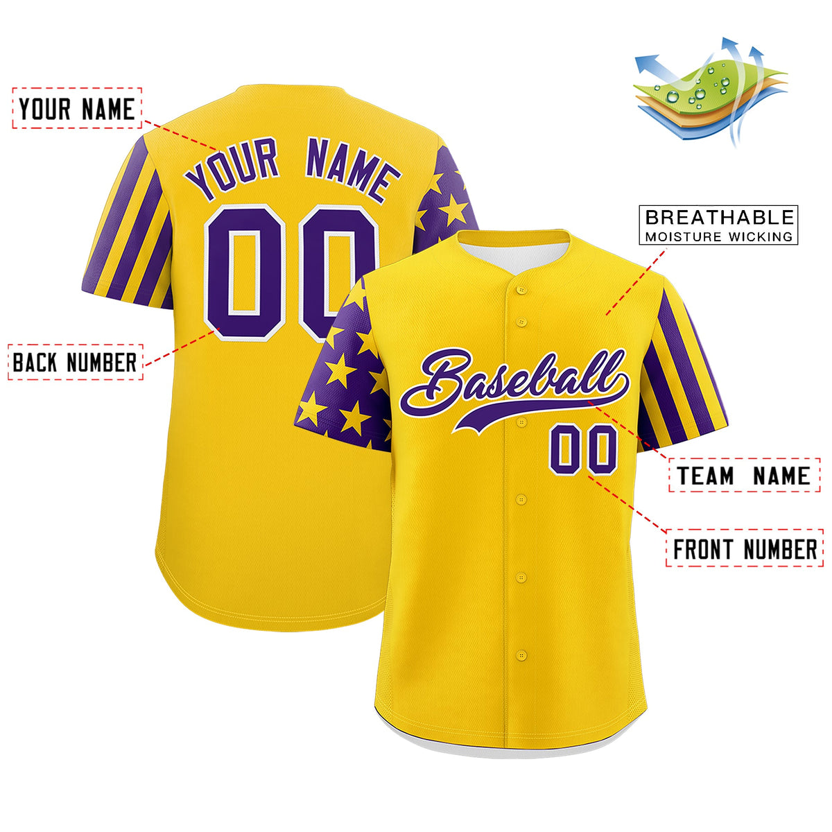 Custom Gold Purple American Flag Raglan Sleeves Baseball Jersey| KXKSHOP