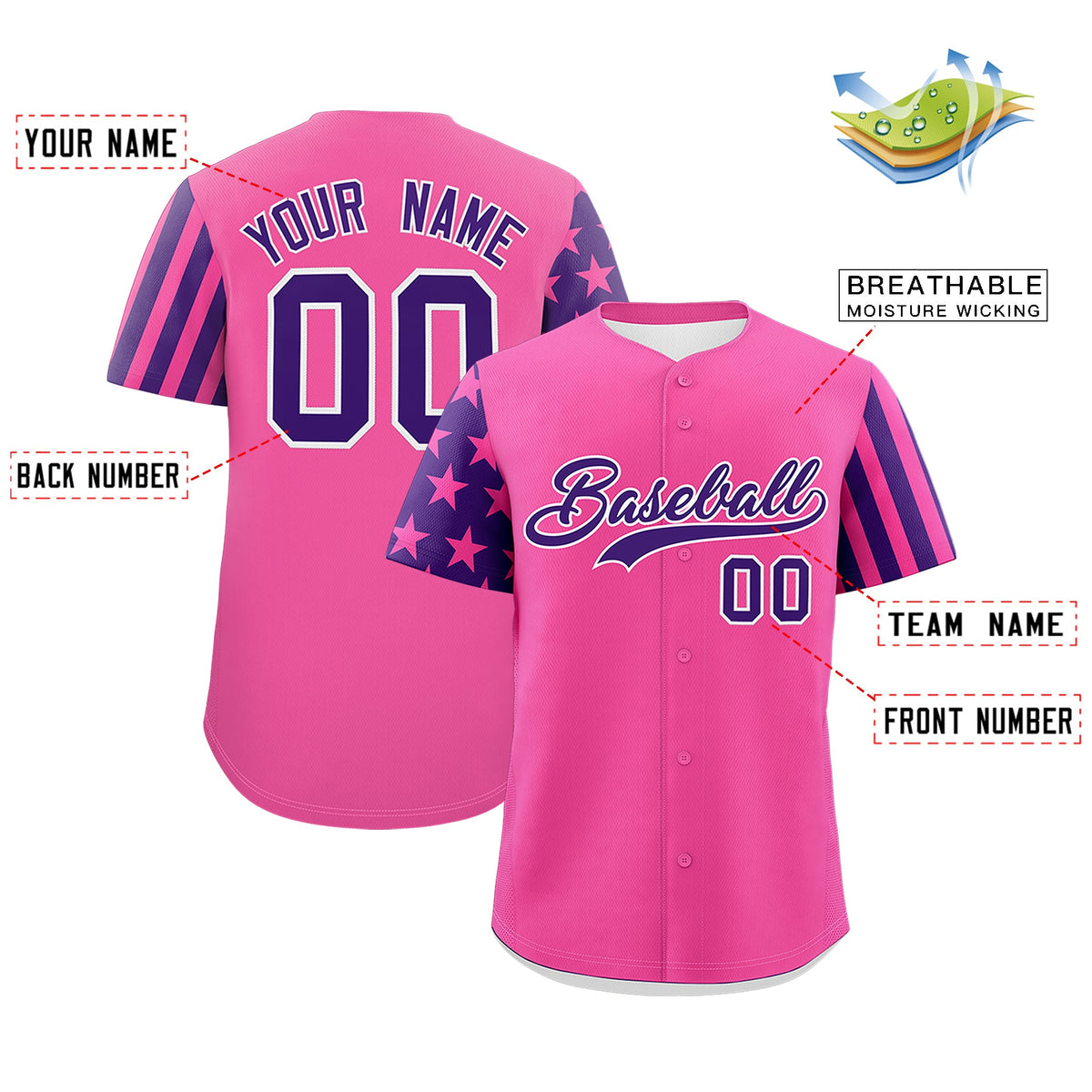 Custom Pink Purple American Flag Raglan Sleeves Baseball Jersey| KXKSHOP