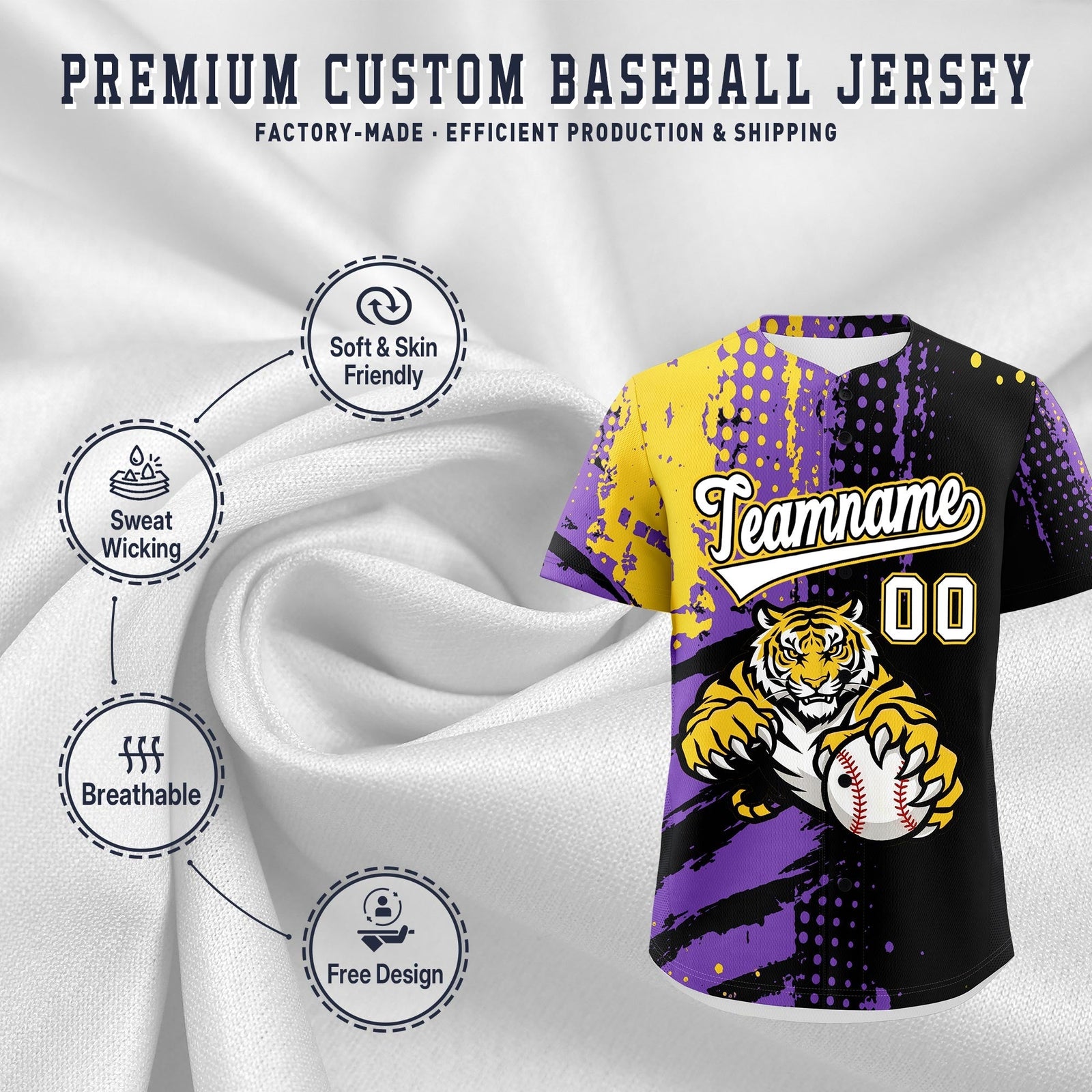 Custom Black Gold White Full-Snap Graffiti Pattern Tiger Graffiti Jersey Baseball Jersey| KXKSHOP