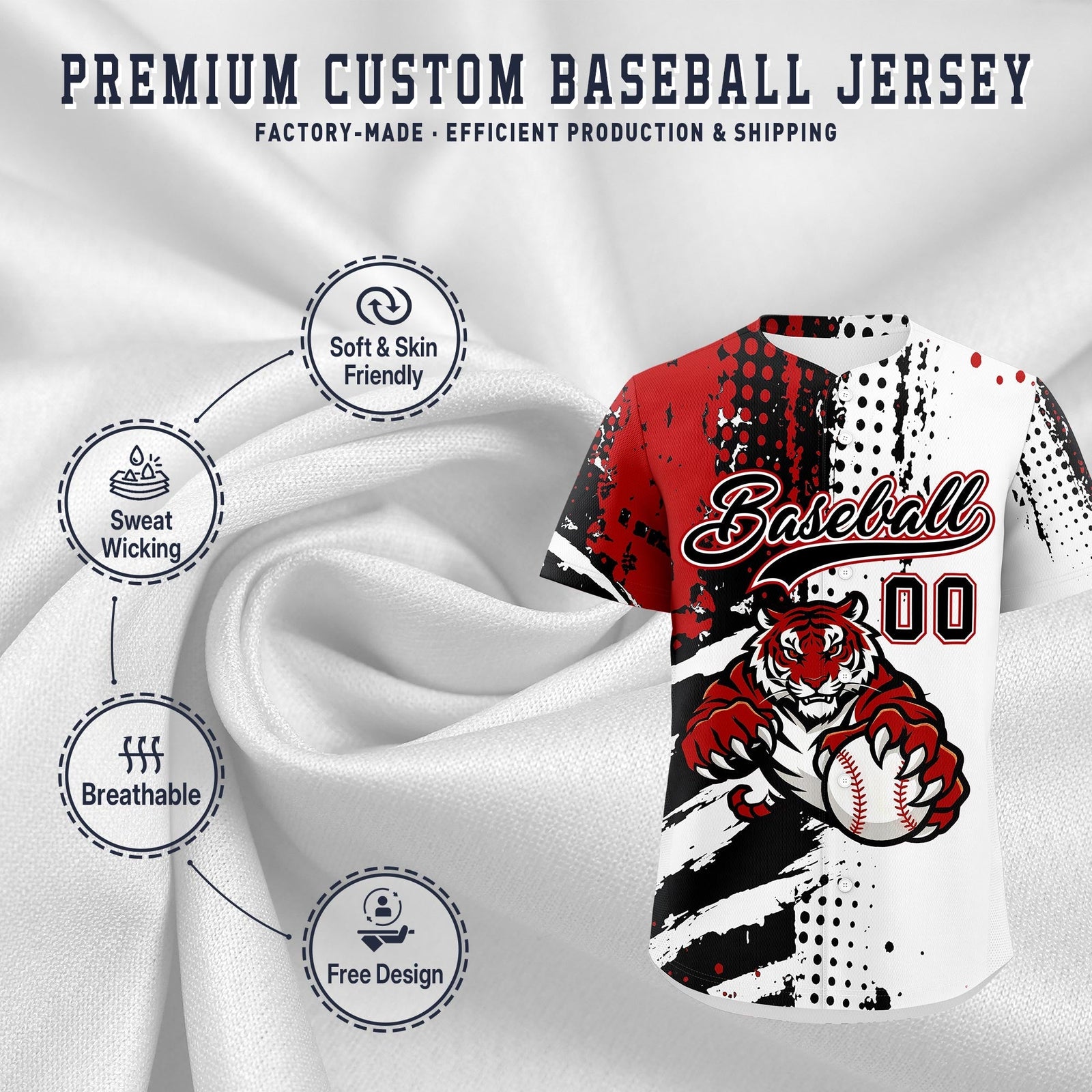 Custom White Black Red Full-Snap Graffiti Pattern Tiger Graffiti Jersey Baseball Jersey| KXKSHOP