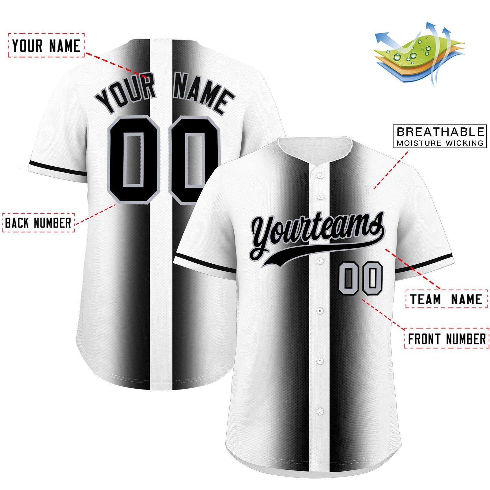 Custom White Black Lapel Gradient Fashion Authentic Baseball Jersey