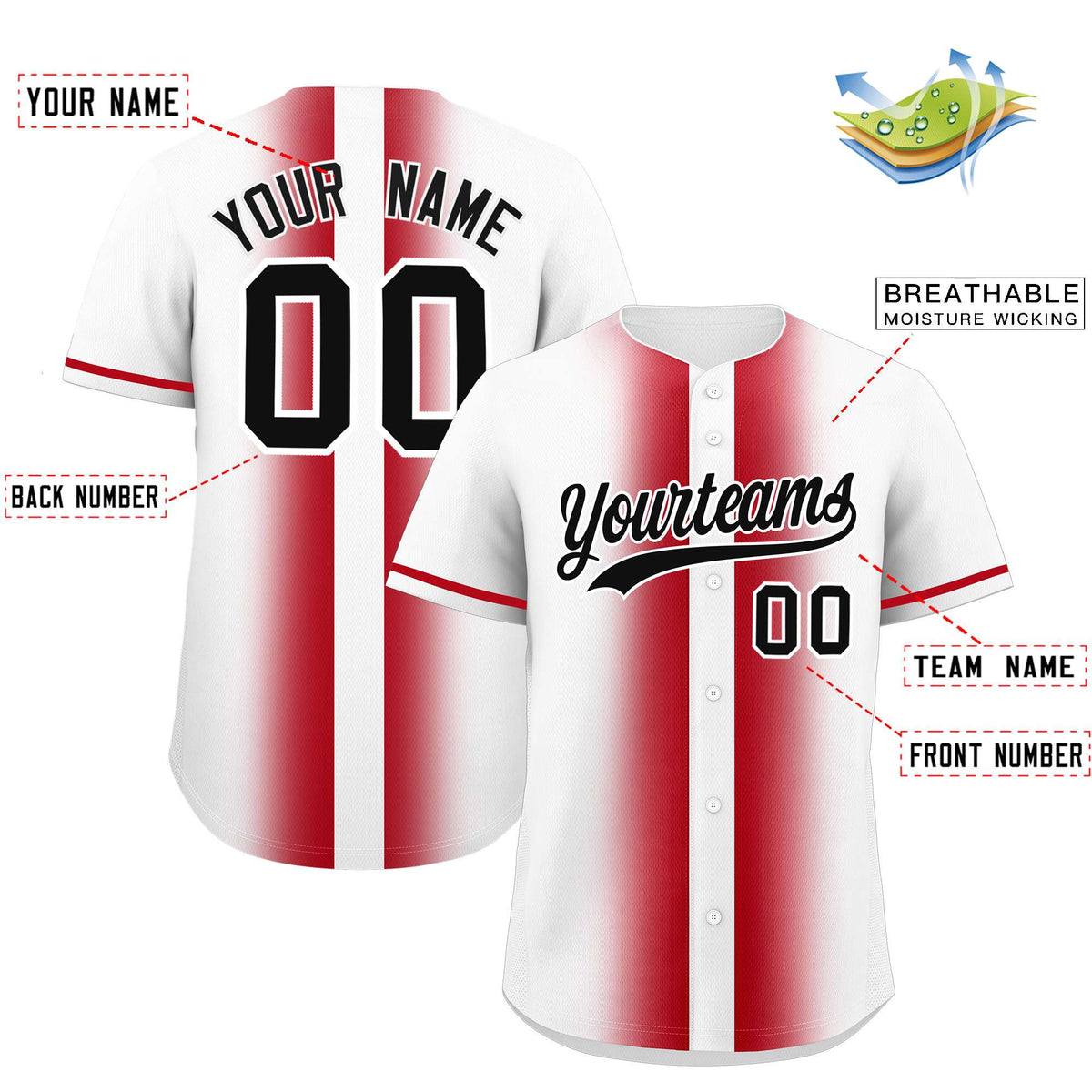 Custom White Red Lapel Gradient Fashion Authentic Baseball Jersey