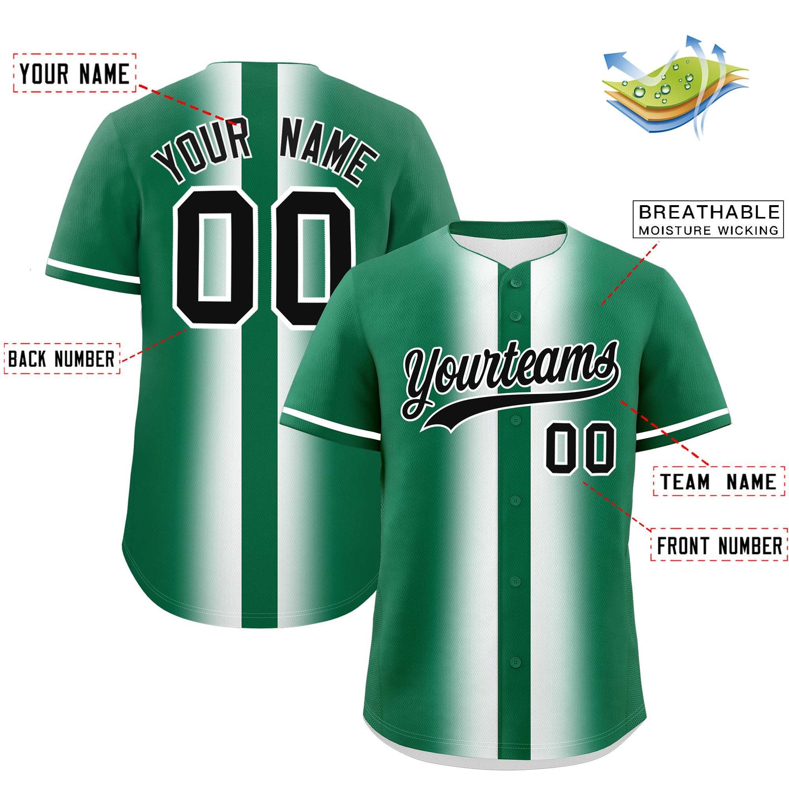 Custom Kelly Green White Lapel Gradient Fashion Authentic Baseball Jersey