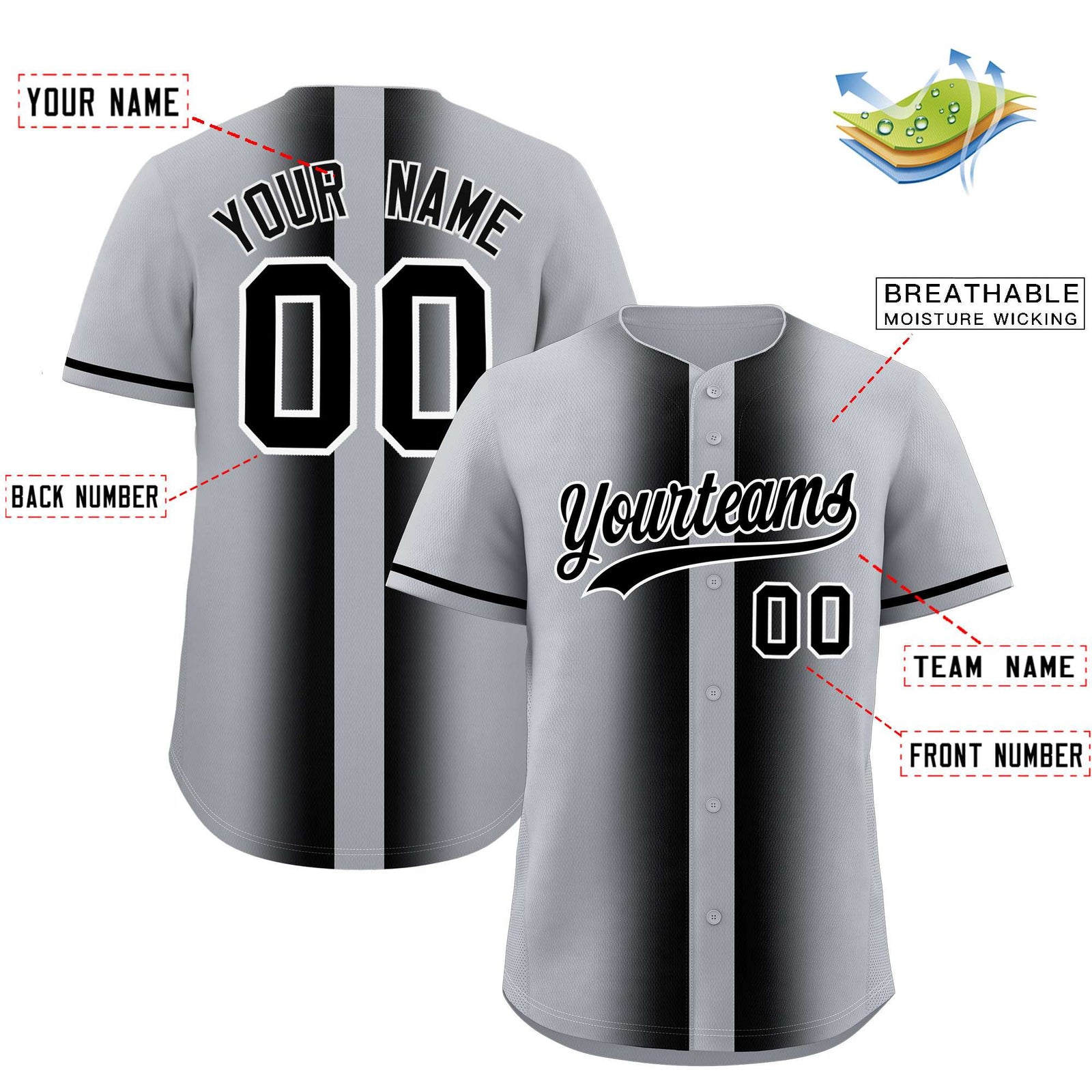Custom Silver Black Lapel Gradient Fashion Authentic Baseball Jersey