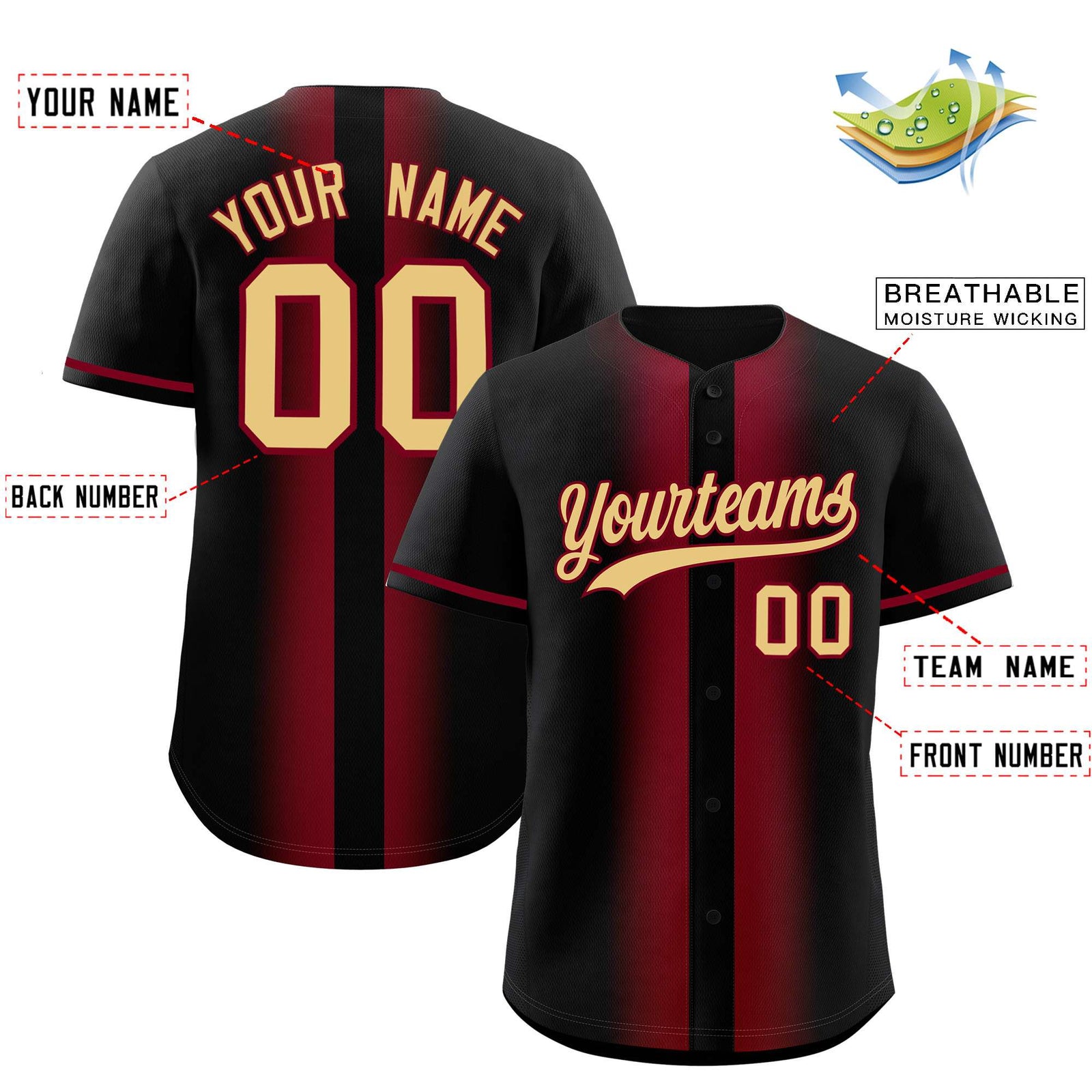 Custom Black Crimson Lapel Gradient Fashion Authentic Baseball Jersey