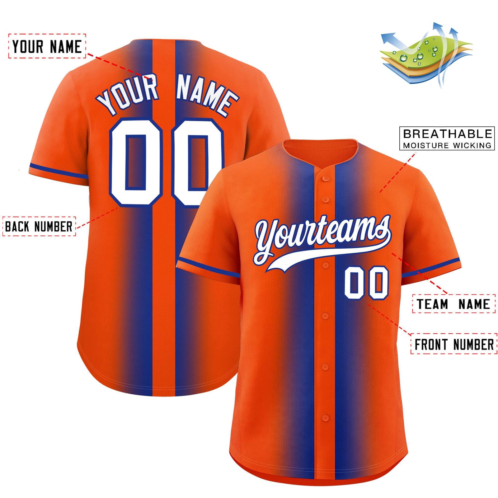 Custom Orange Royal Lapel Gradient Fashion Authentic Baseball Jersey