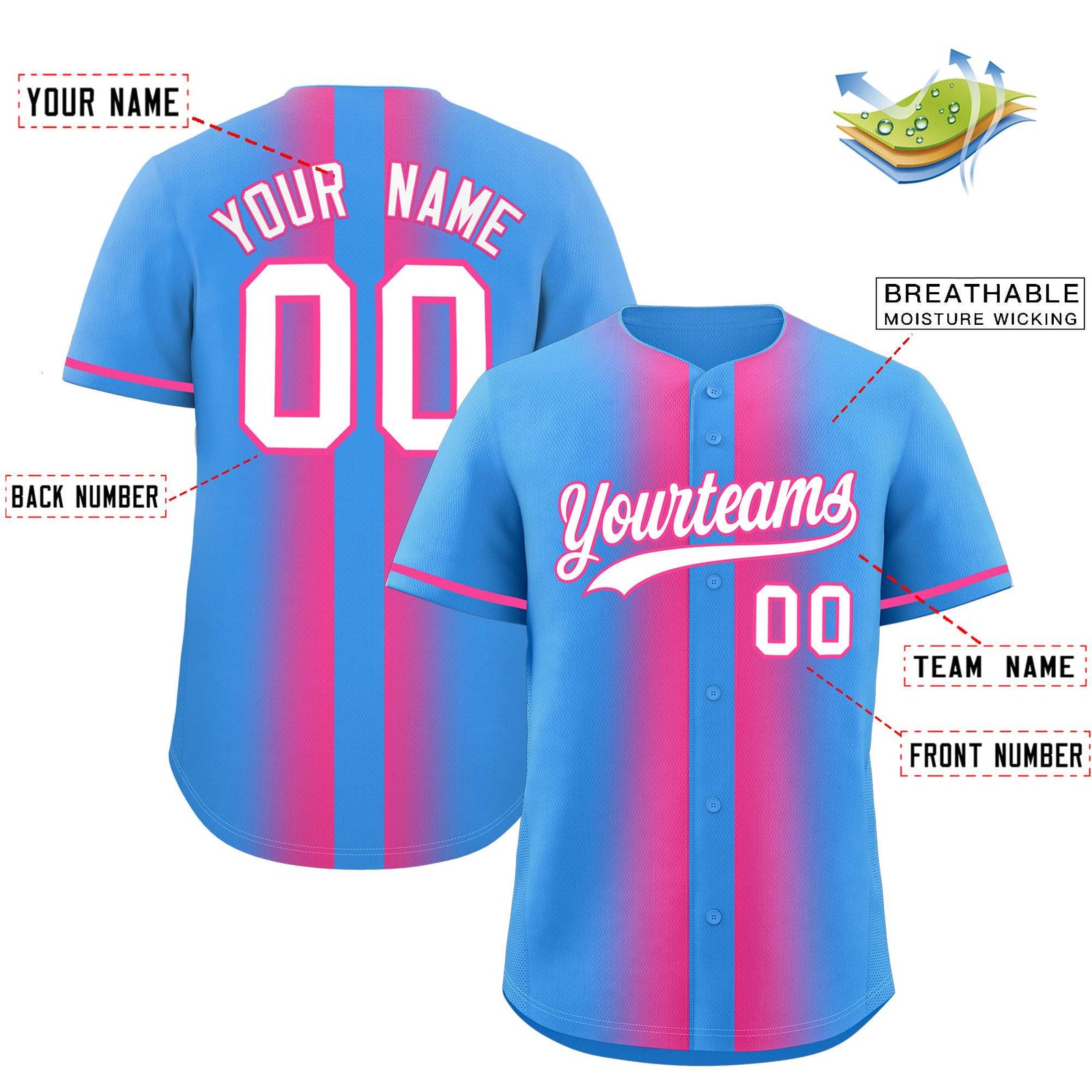 Custom Powder Blue Pink Lapel Gradient Fashion Authentic Baseball Jersey