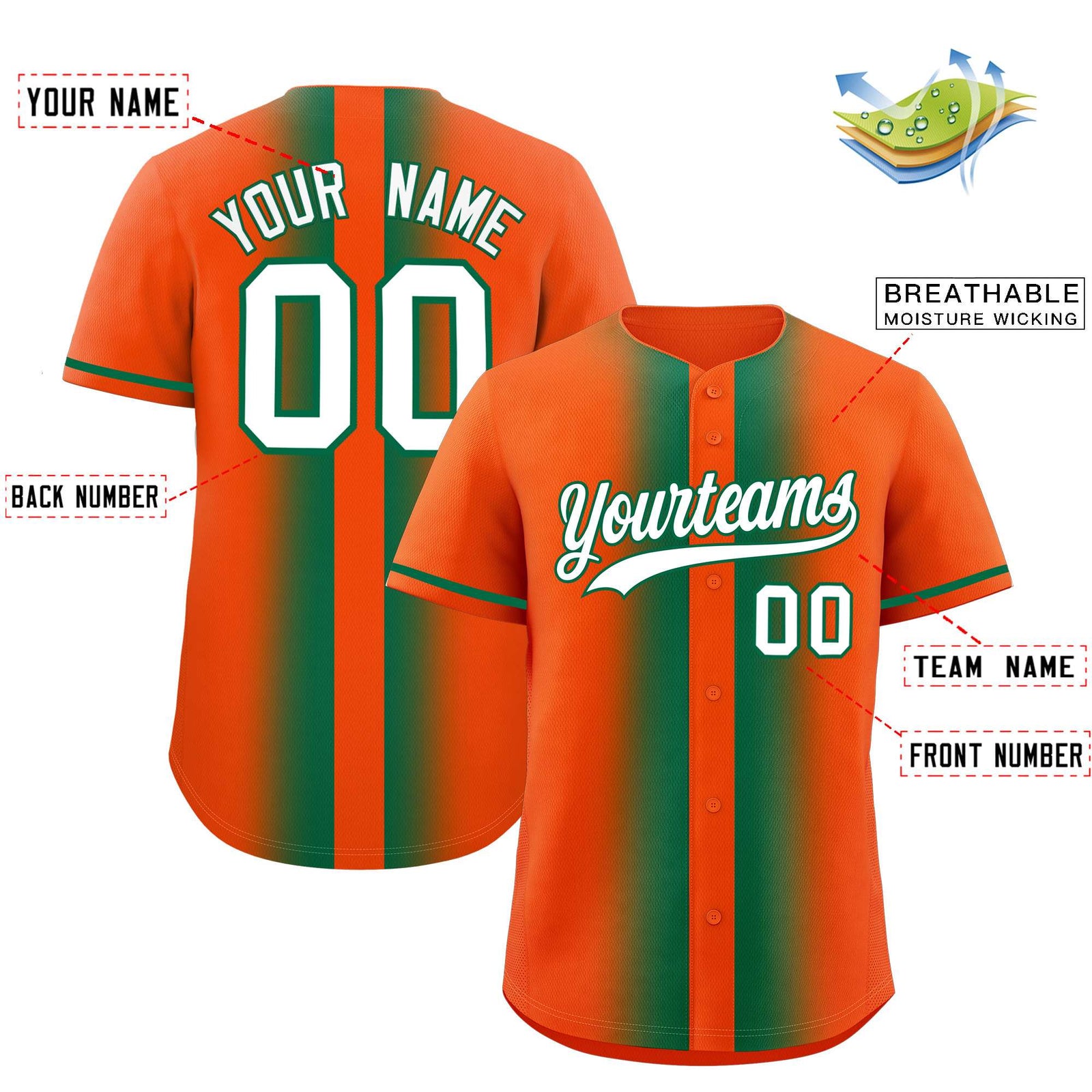 Custom Orange Kelly Green Lapel Gradient Fashion Authentic Baseball Jersey