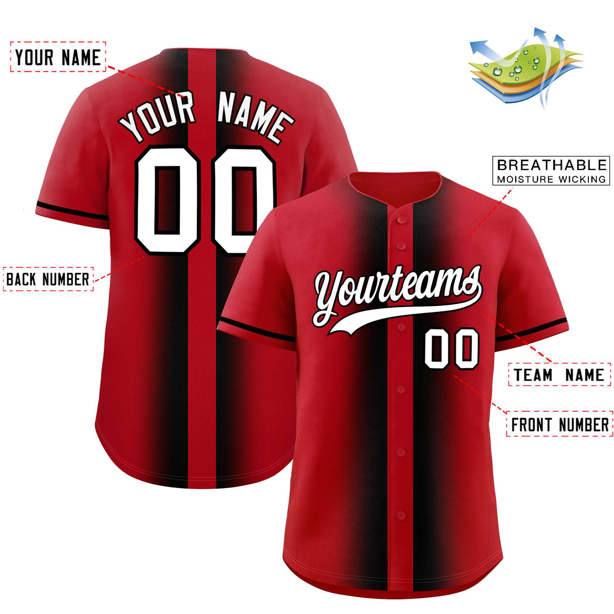 Custom Red Black Lapel Gradient Fashion Authentic Baseball Jersey