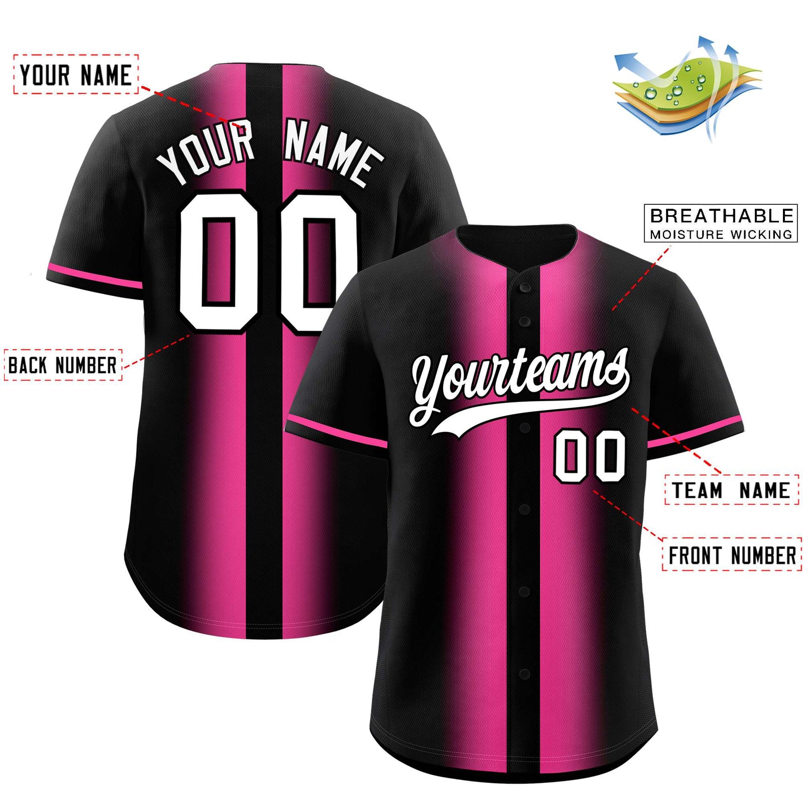 Custom Black Pink Lapel Gradient Fashion Authentic Baseball Jersey