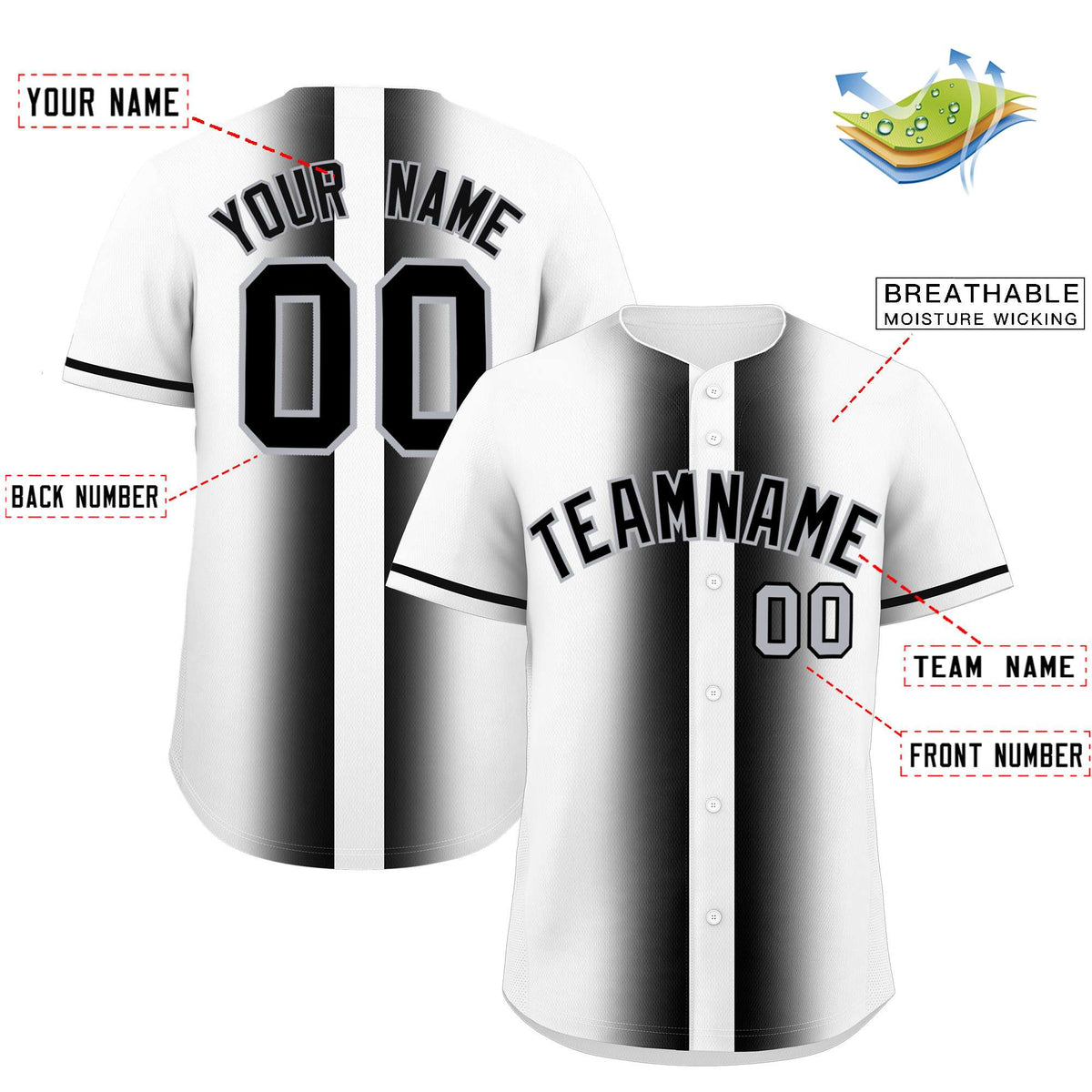 Custom White Black Lapel Gradient Fashion Authentic Baseball Jersey