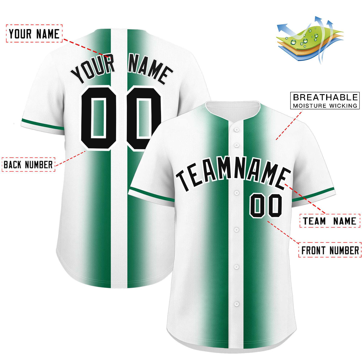 Custom White Kelly Green Lapel Gradient Fashion Authentic Baseball Jersey