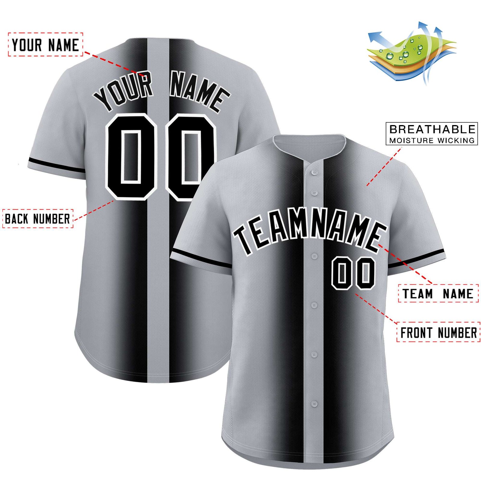 Custom Silver Black Lapel Gradient Fashion Authentic Baseball Jersey
