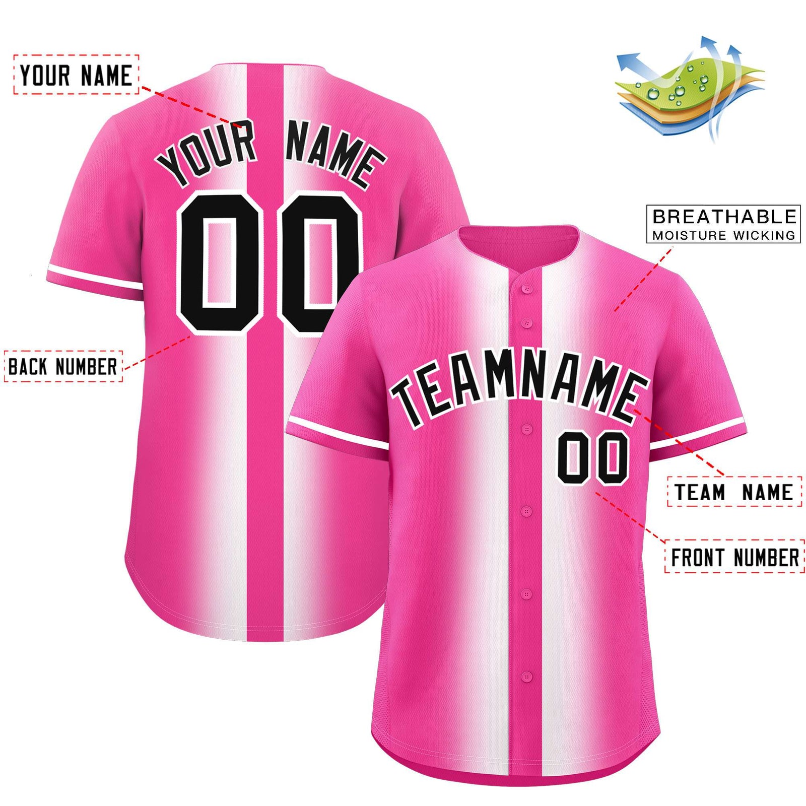 Custom Pink White Lapel Gradient Fashion Authentic Baseball Jersey